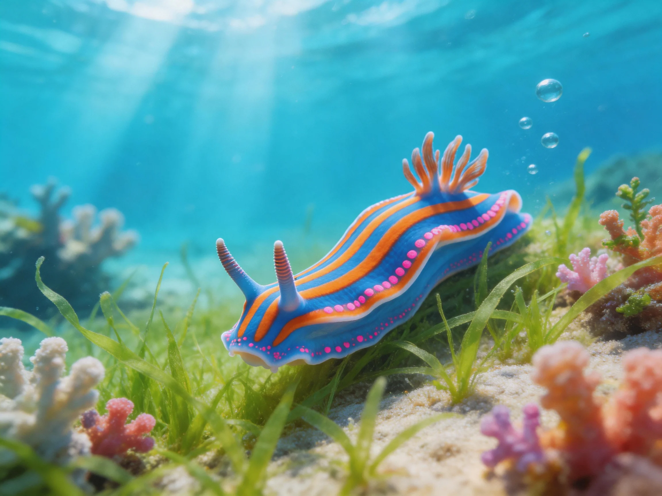 Colorful striped nudibranch swims among coral reefs