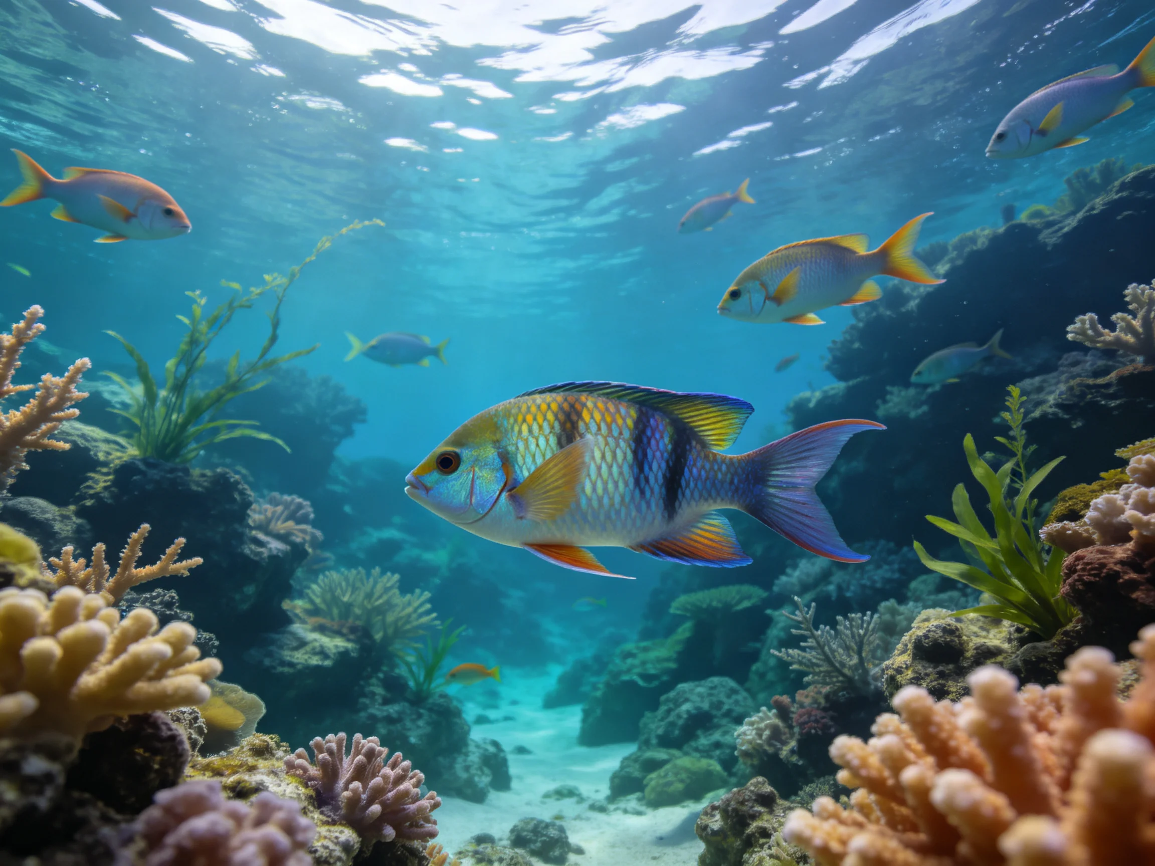 Colorful tropical fish swim among diverse corals in clear blue water
