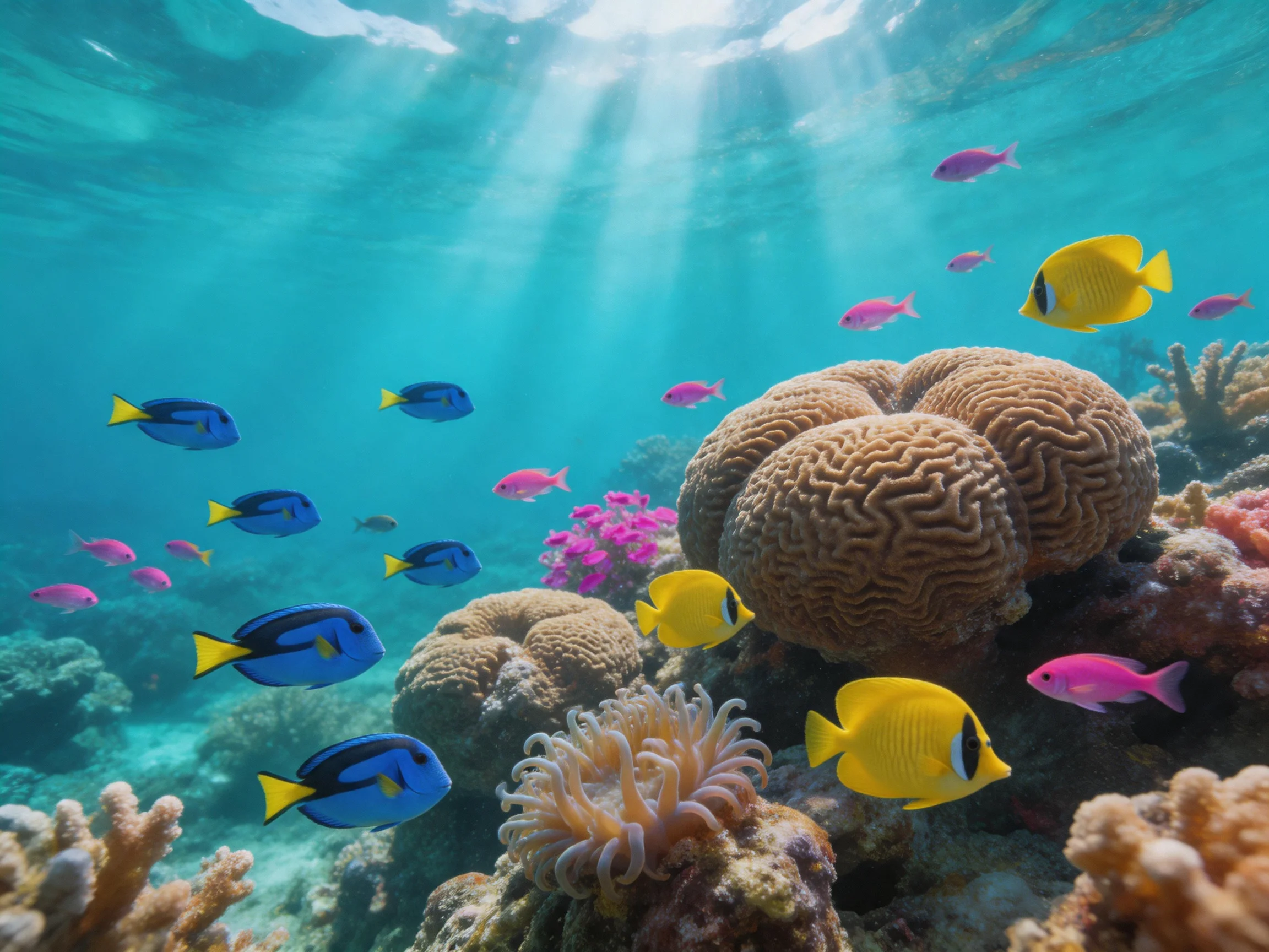 Colorful tropical fish swim among diverse corals in clear turquoise water
