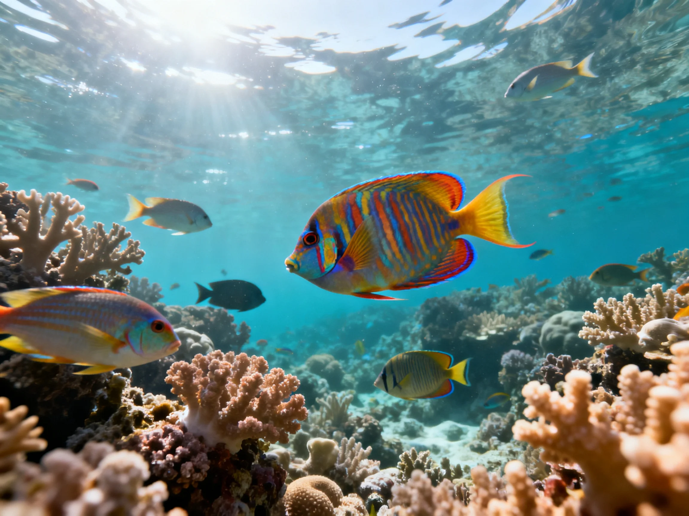 Colorful tropical fish swim among diverse corals in clear turquoise waters