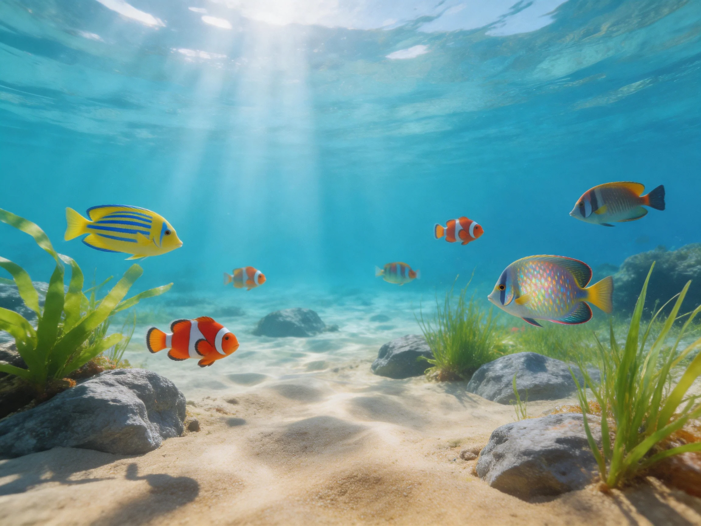 Colorful tropical fish swim among rocks, sand, and aquatic plants in clear blue water