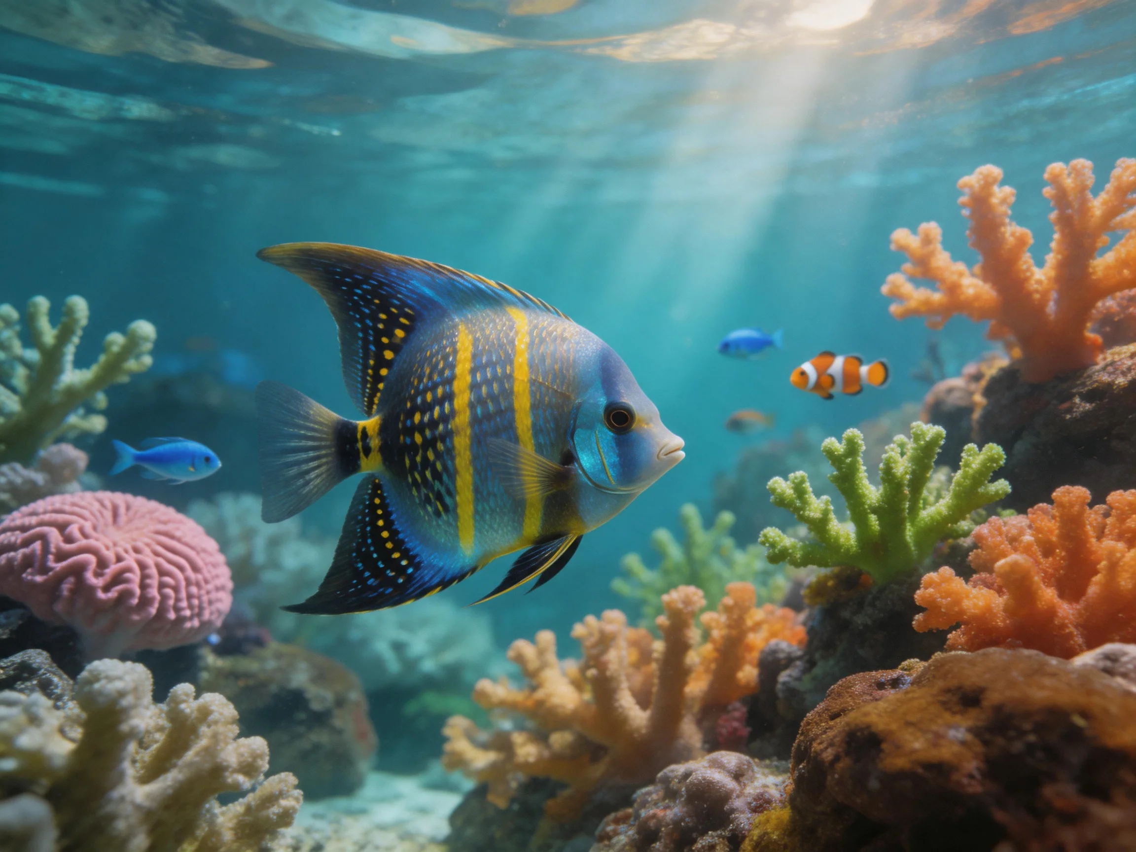 Colorful tropical fish swim among vibrant coral reefs and clownfish