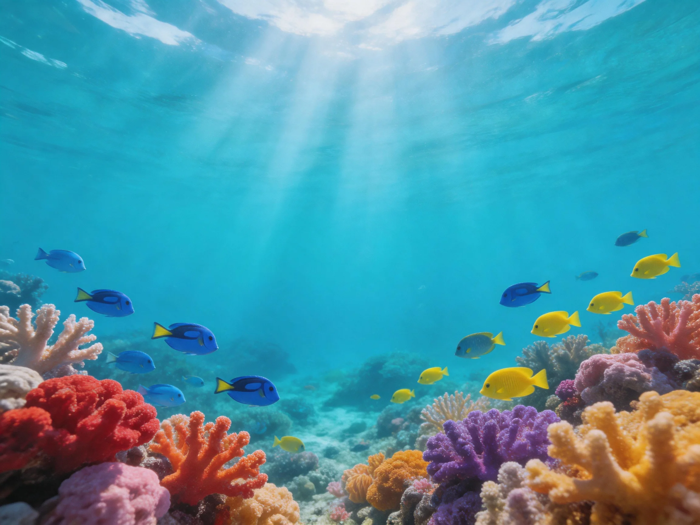 Colorful tropical fish swim among vibrant corals in clear turquoise waters