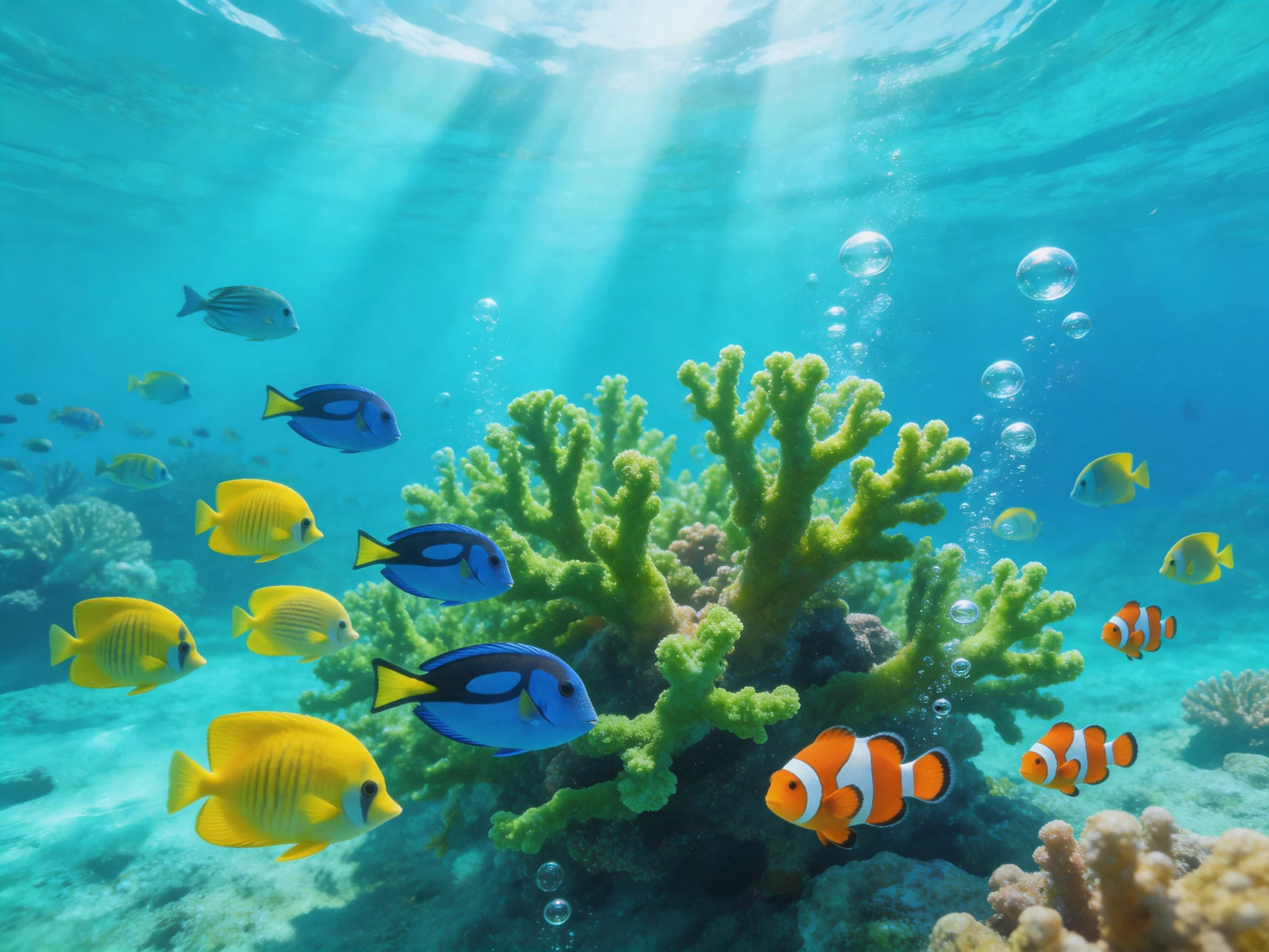 Colorful tropical fish swim among vibrant corals in sunlit ocean waters