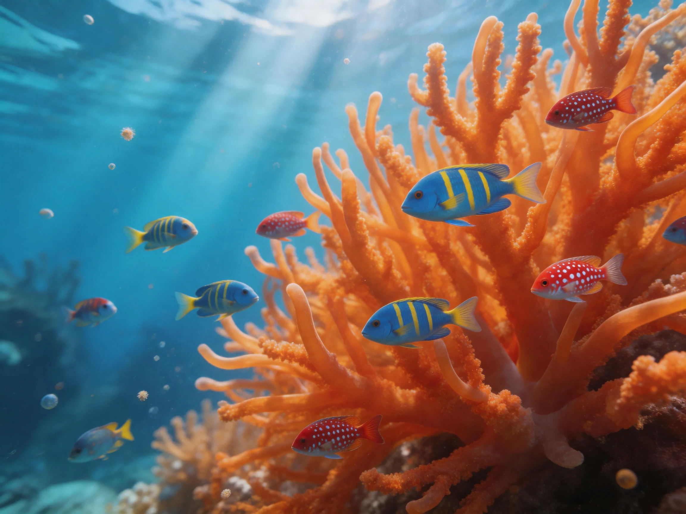 Colorful tropical fish swim among vibrant orange corals in clear blue water
