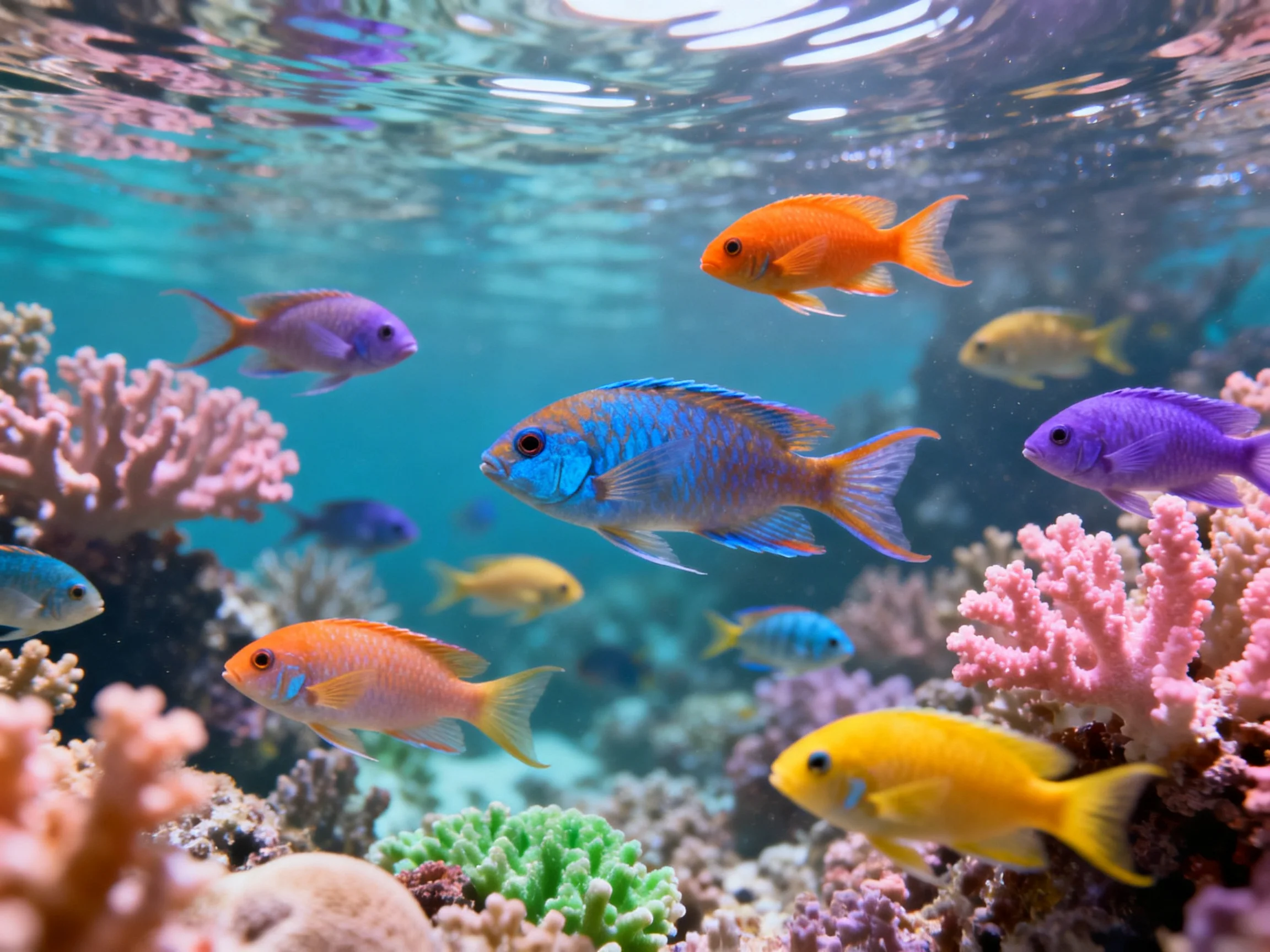 Colorful tropical fish swimming amid vibrant corals in clear water
