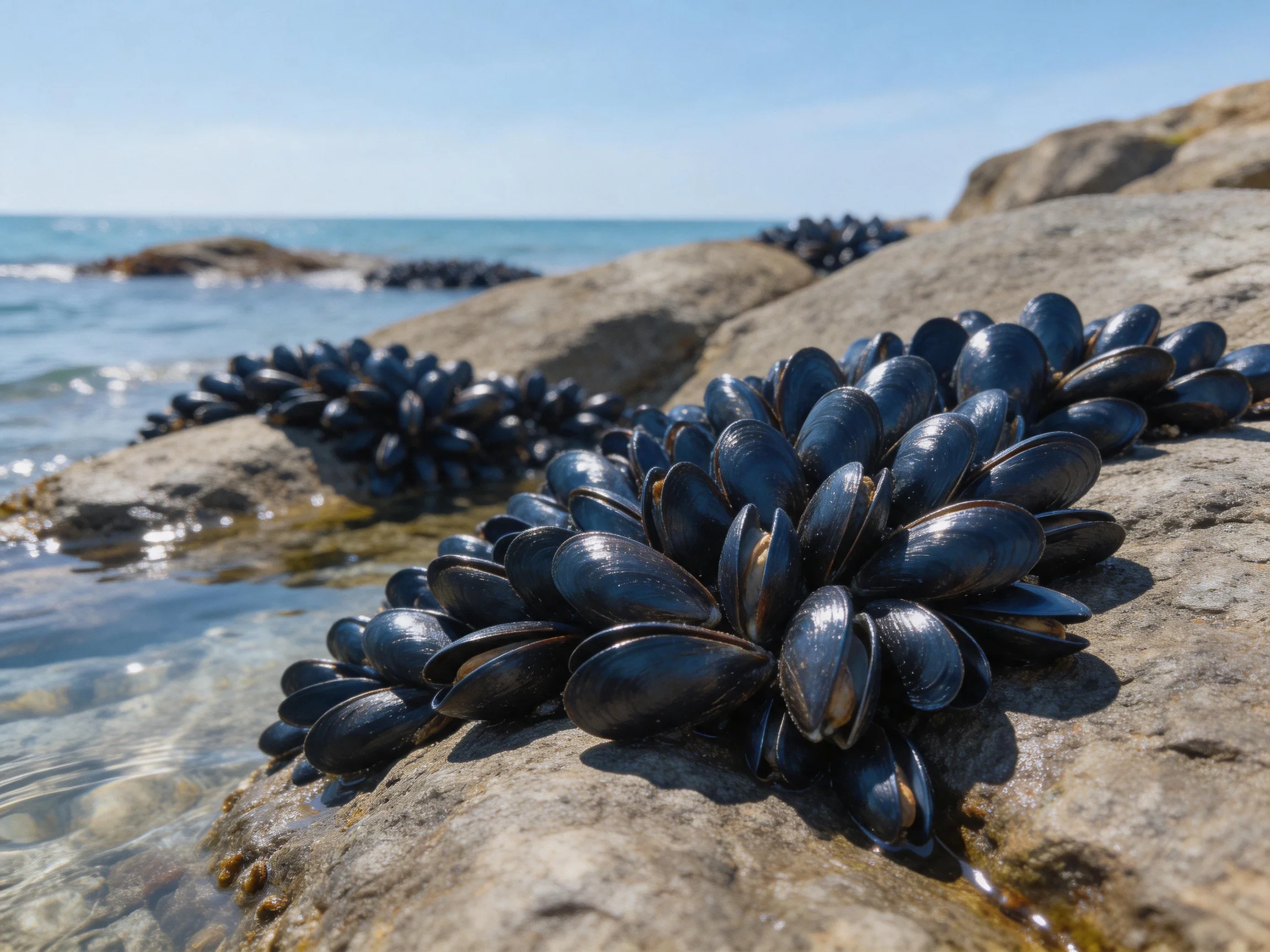 Dark blue mussels clustered on rocky shore by calm ocean
