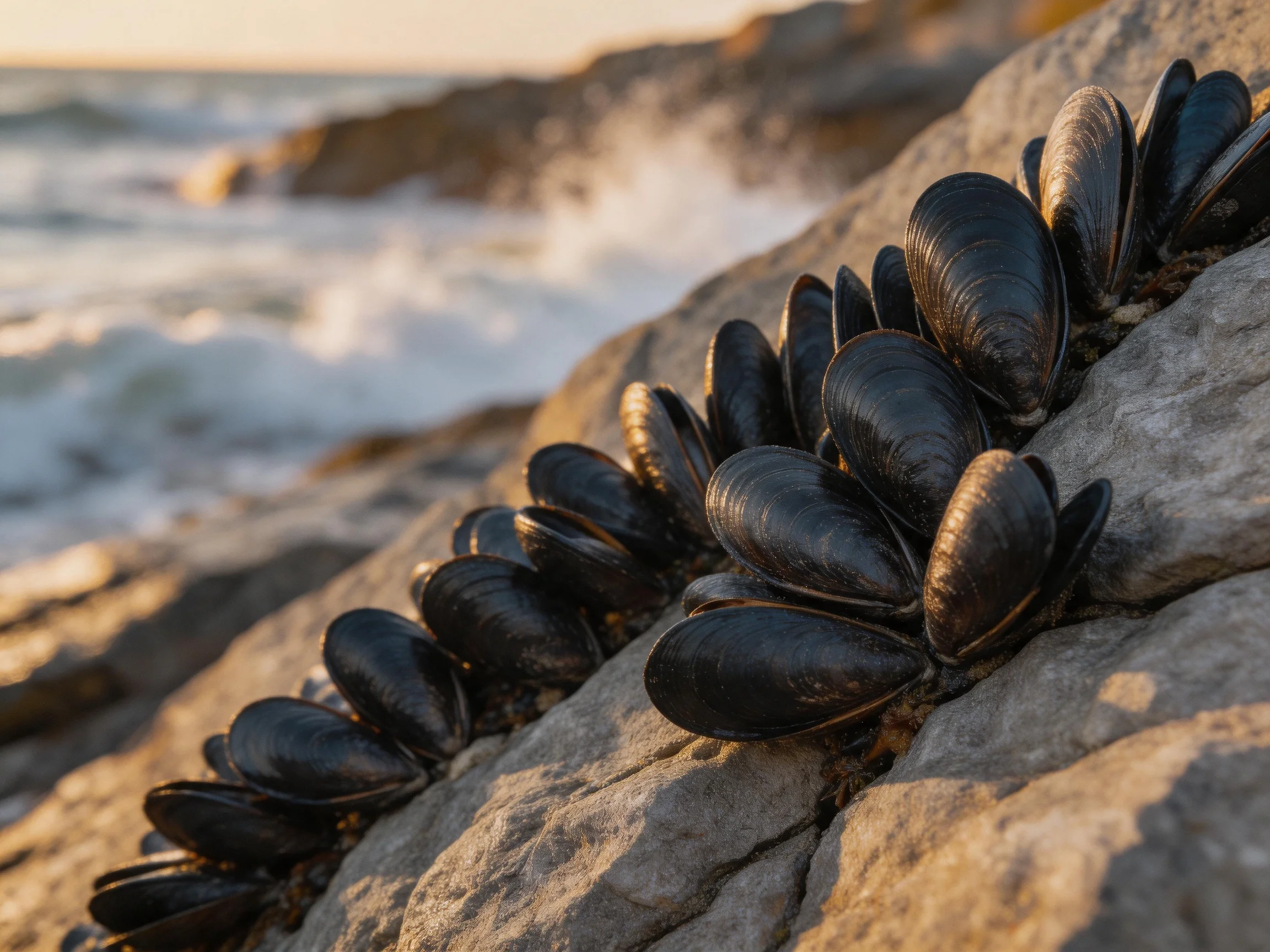 Dark-shelled mussels cluster on weathered coastal rocks near crashing waves