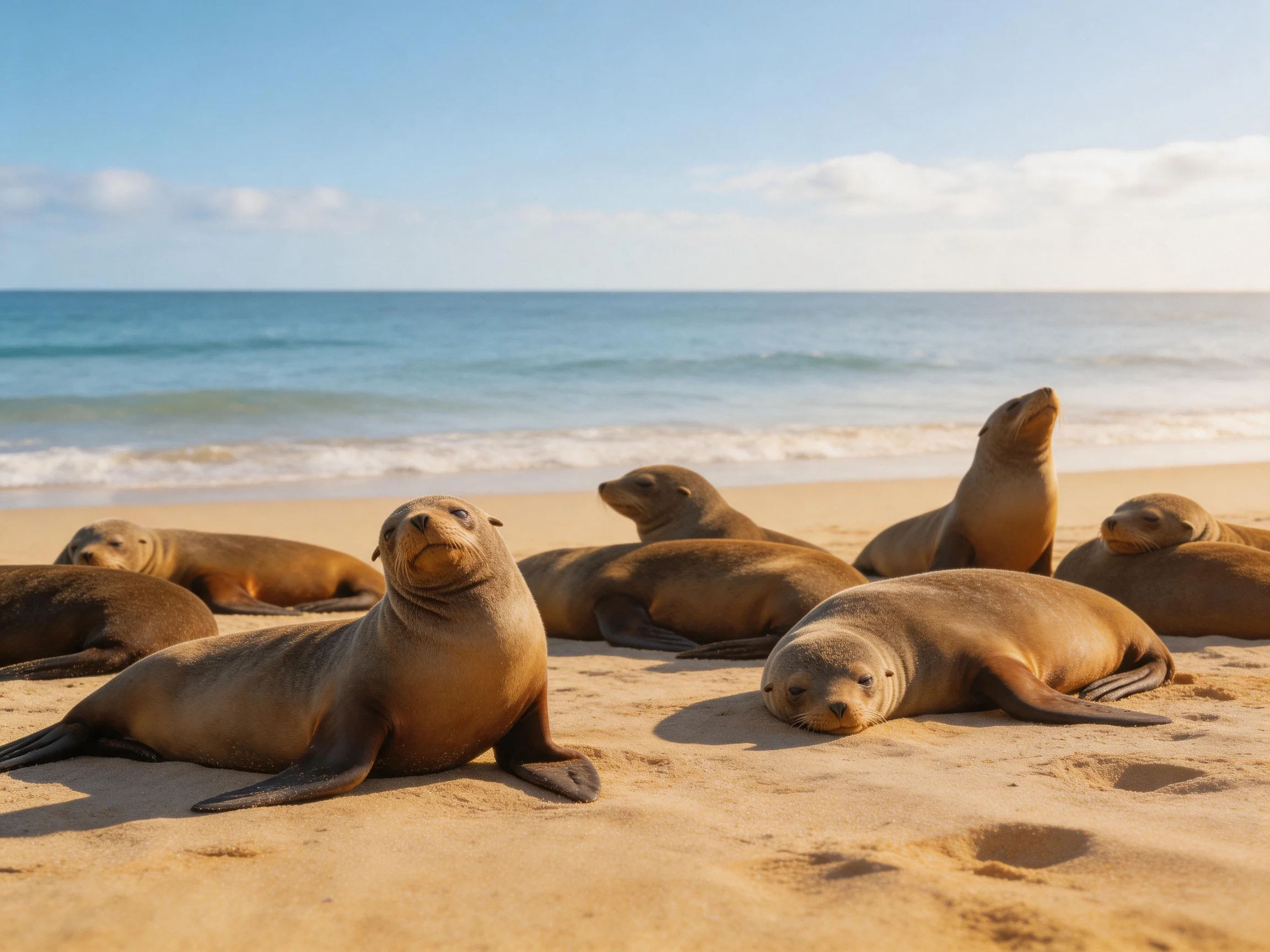 Eight brown sea lions relax on a sandy beach by the blue ocean