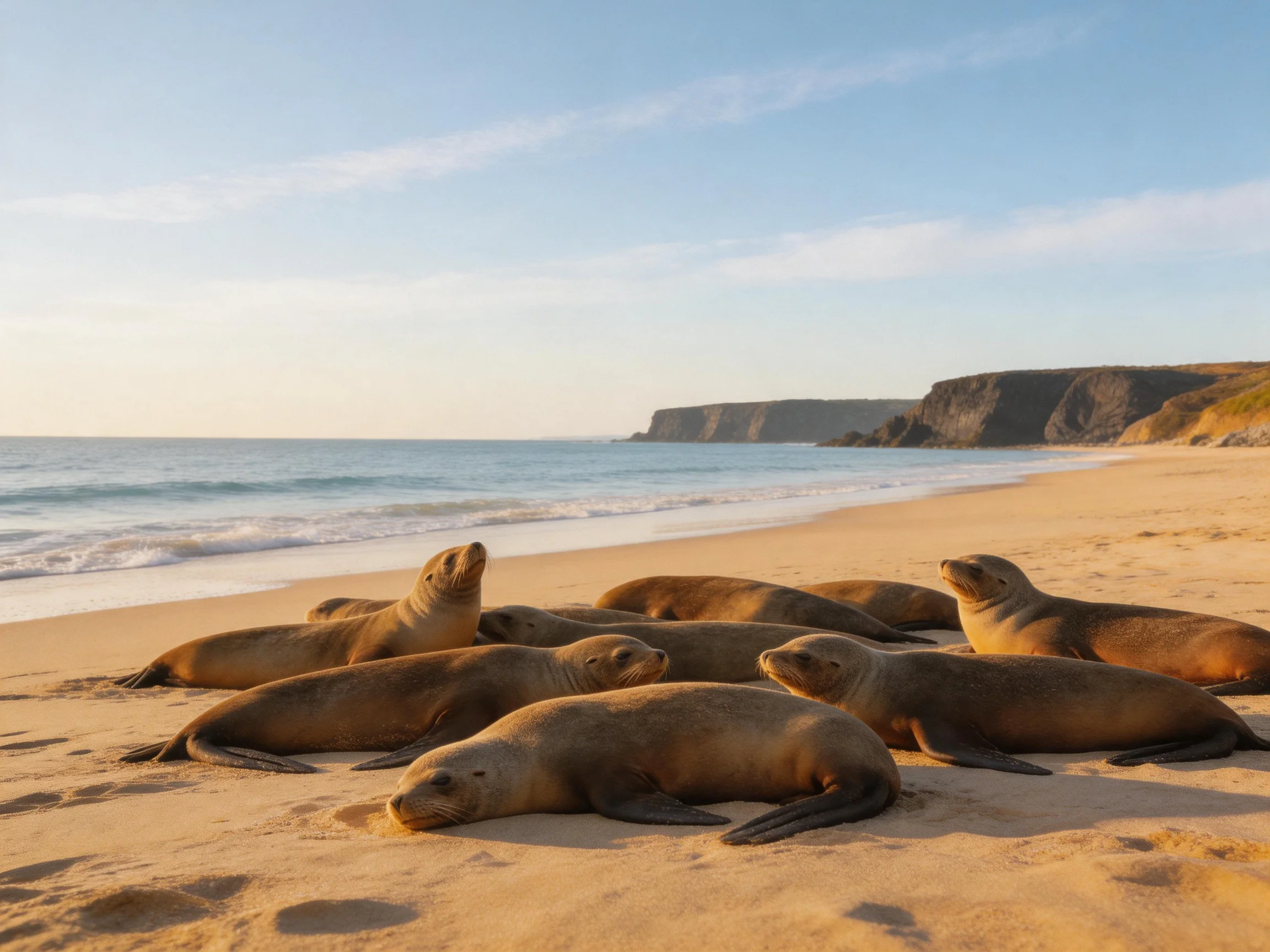 Eight brown sea lions rest on a golden sandy beach near rocky cliffs