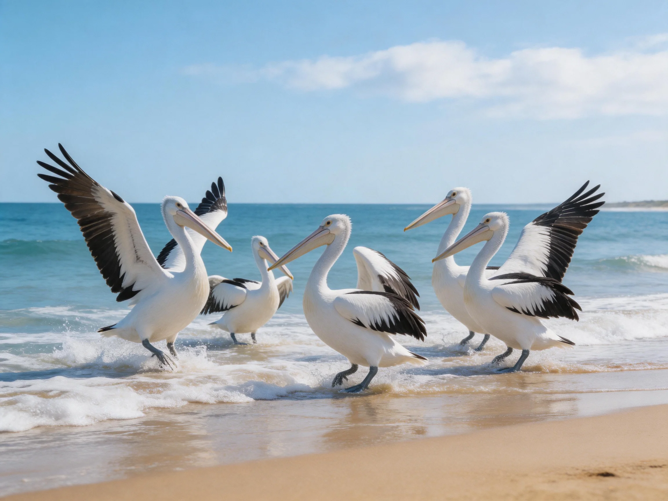 Five black-and-white pelicans wading in ocean surf on sandy beach