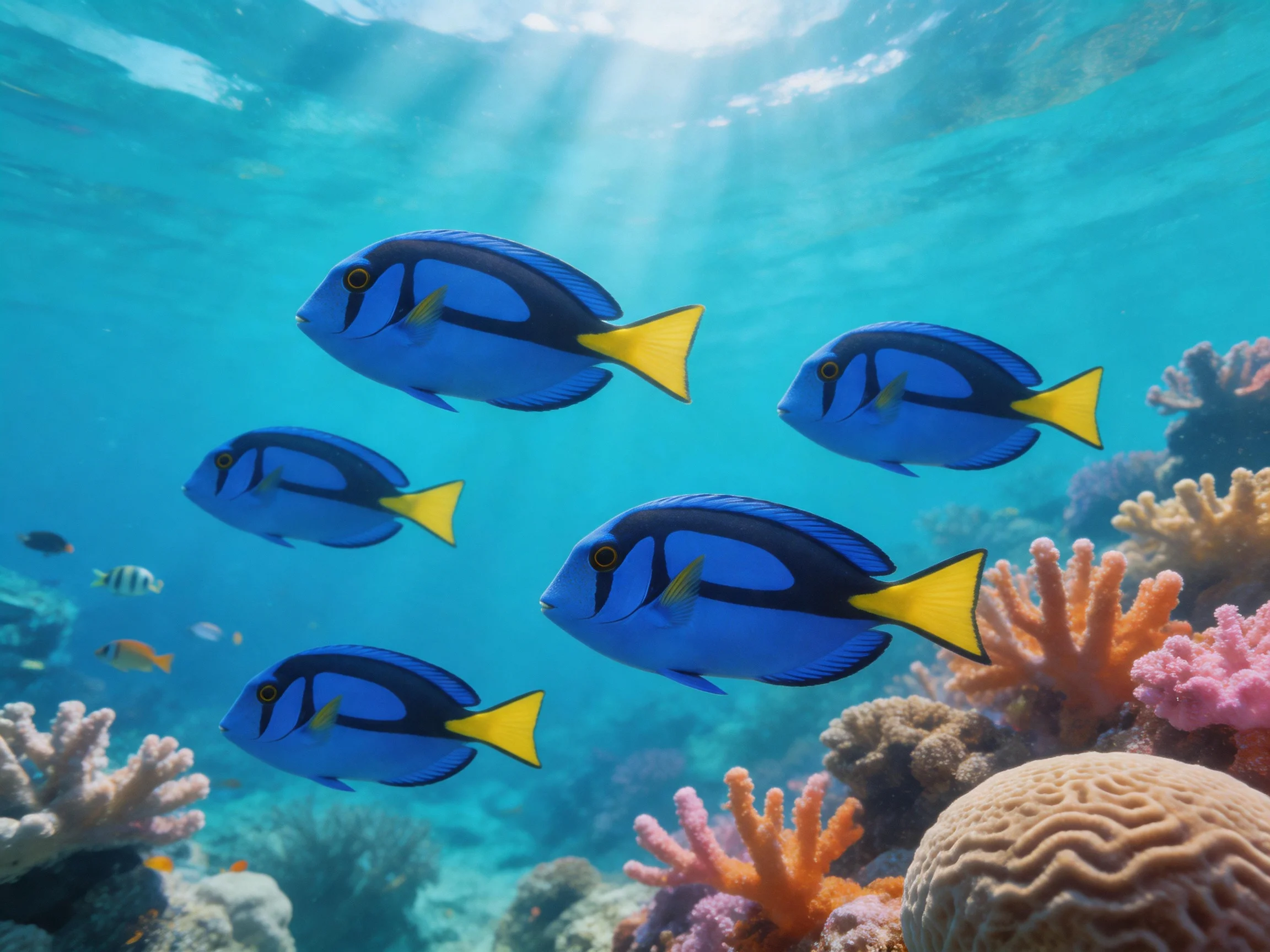 Five bright blue fish swim among colorful corals in clear turquoise water