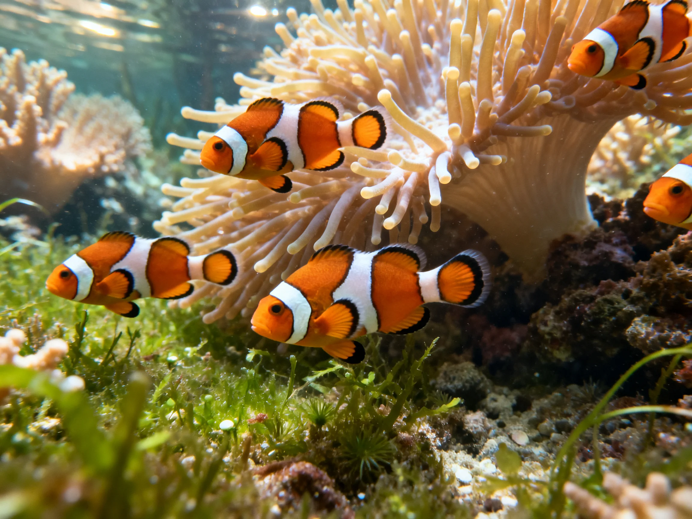 Five bright orange clownfish swim near a large pale sea anemone