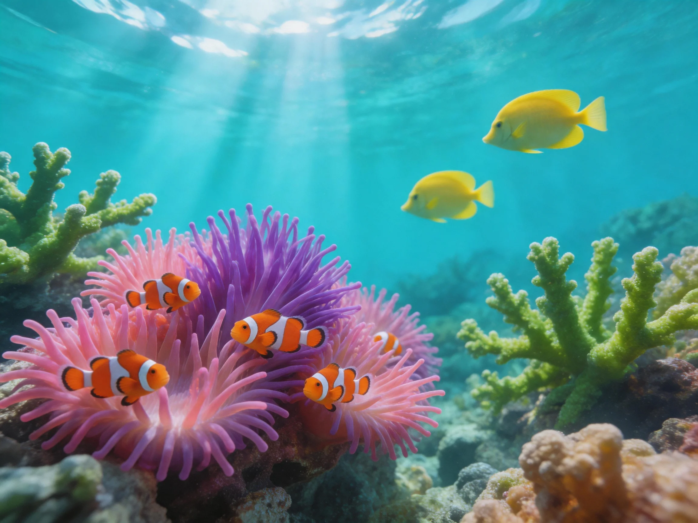 Five clownfish swim among vibrant purple and pink anemones with two yellow fish