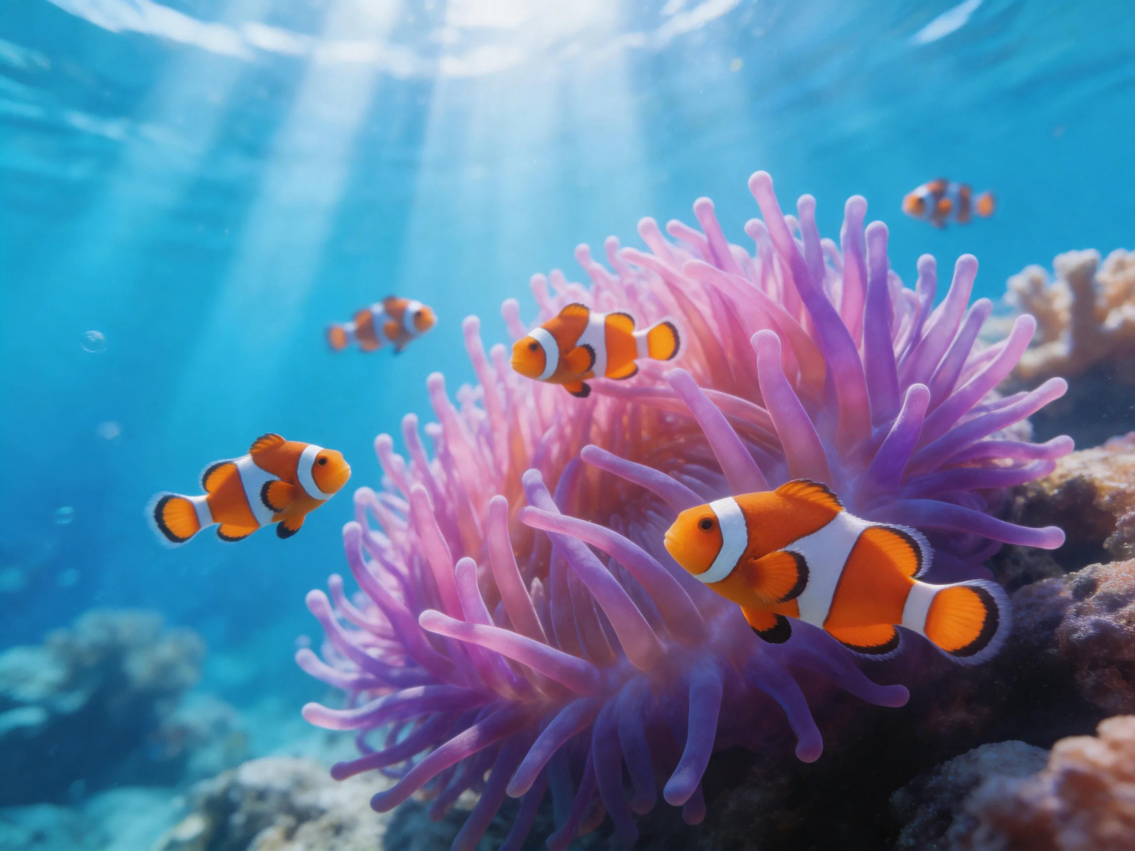 Five clownfish swim among vibrant purple sea anemones in clear blue water