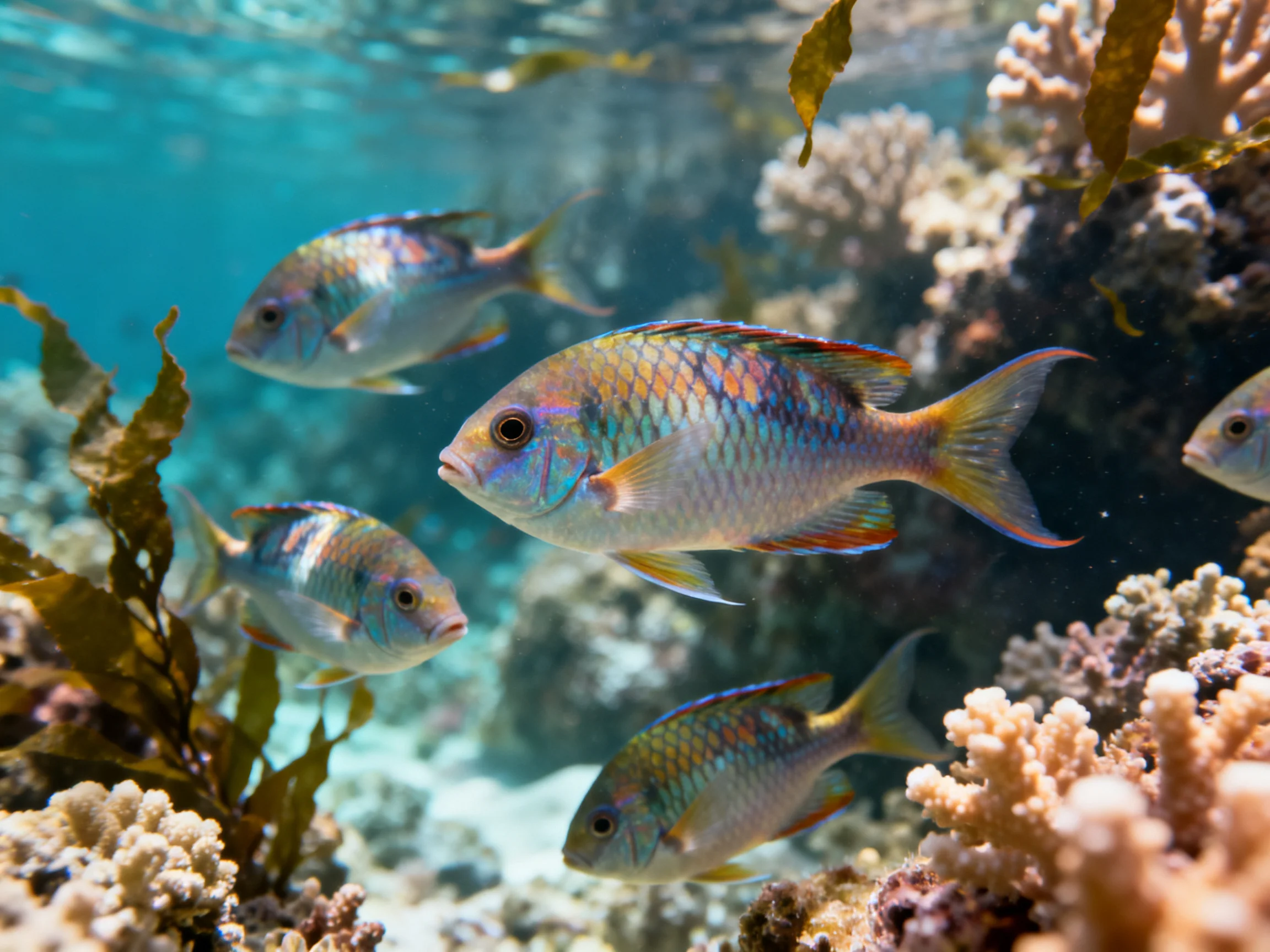 Five colorful fish swim among vibrant corals and seaweed