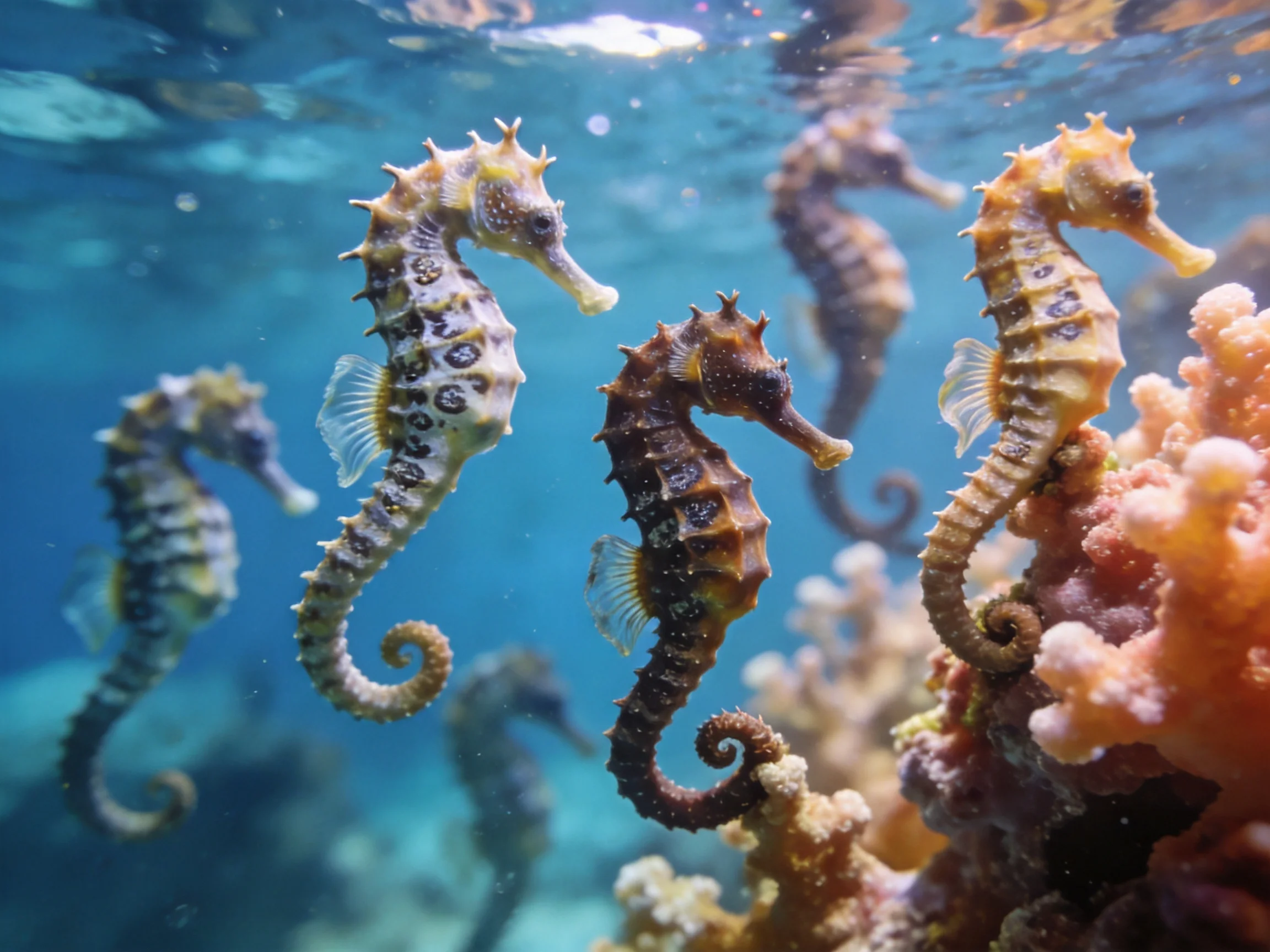 Five colorful seahorses swim near coral formations underwater