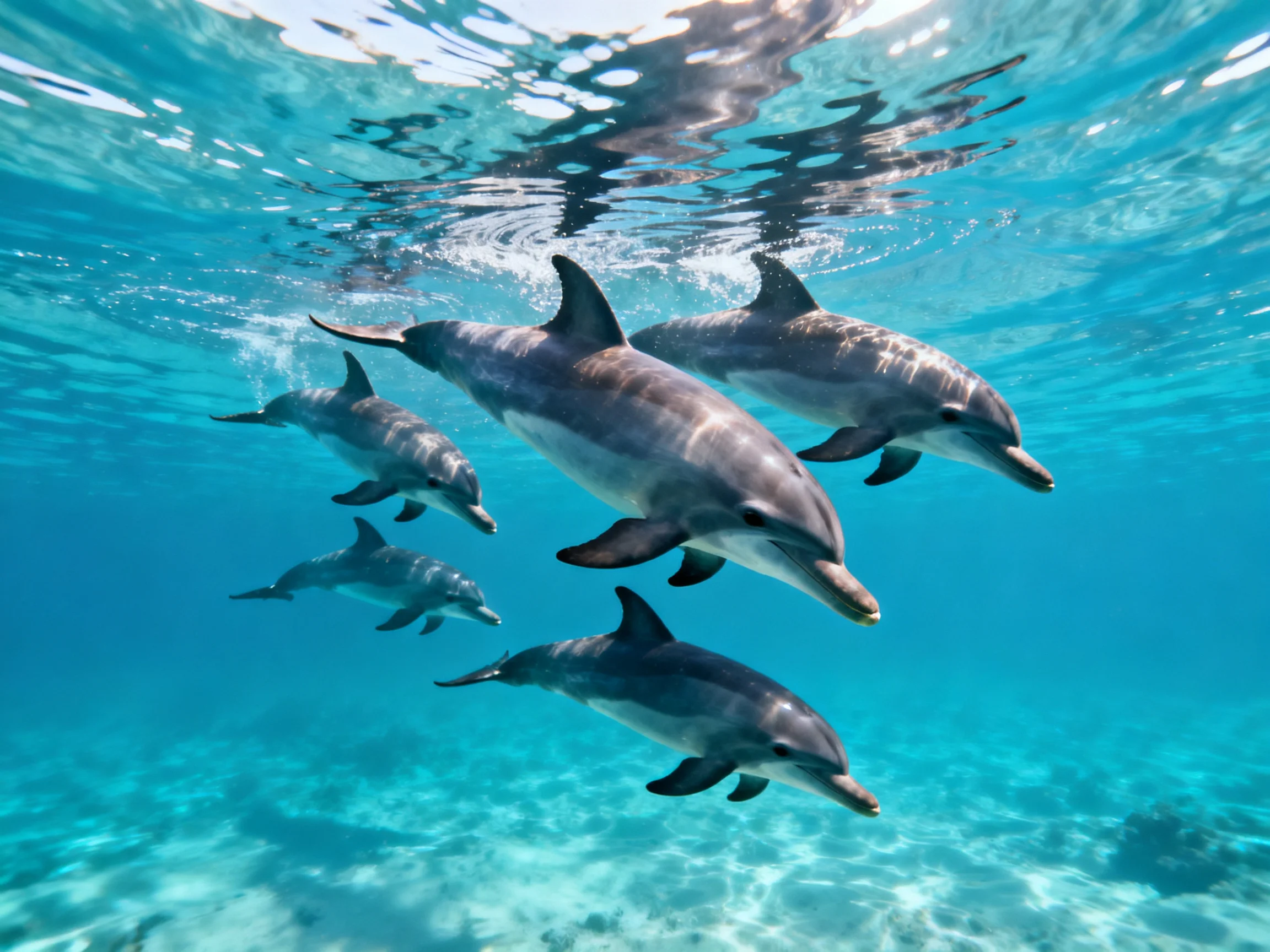Five dolphins swim gracefully in clear turquoise waters