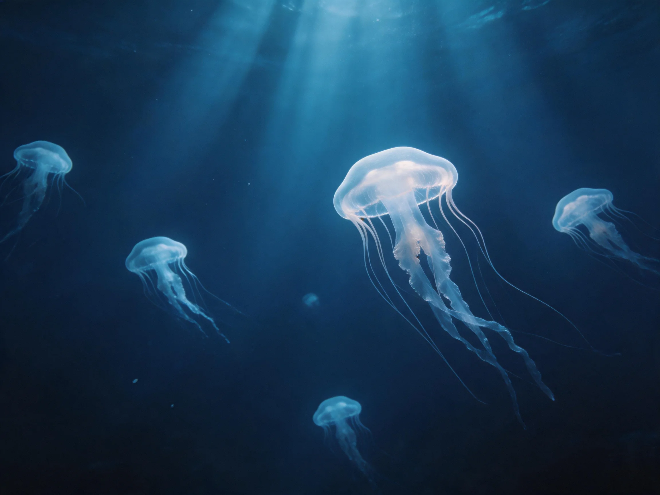 Five glowing jellyfish float in deep blue ocean with sunlight beams