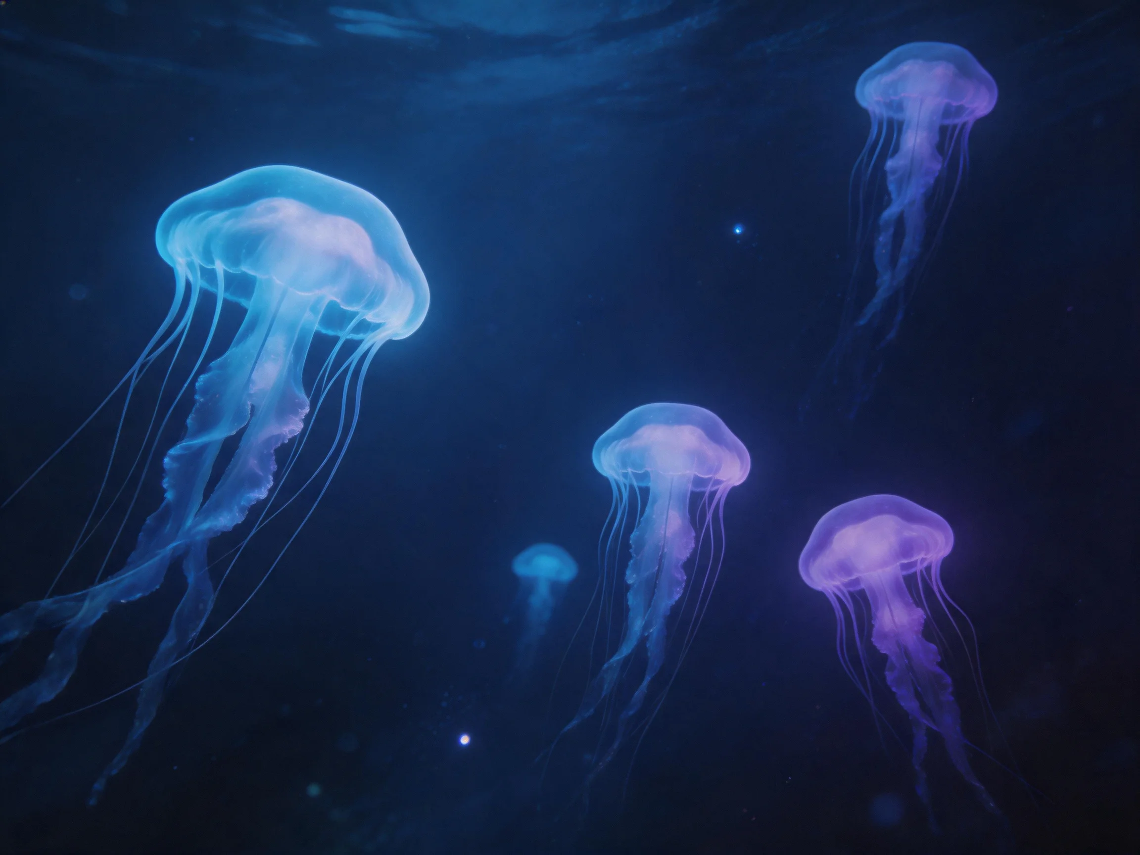 Five glowing jellyfish in blue and purple float in dark waters