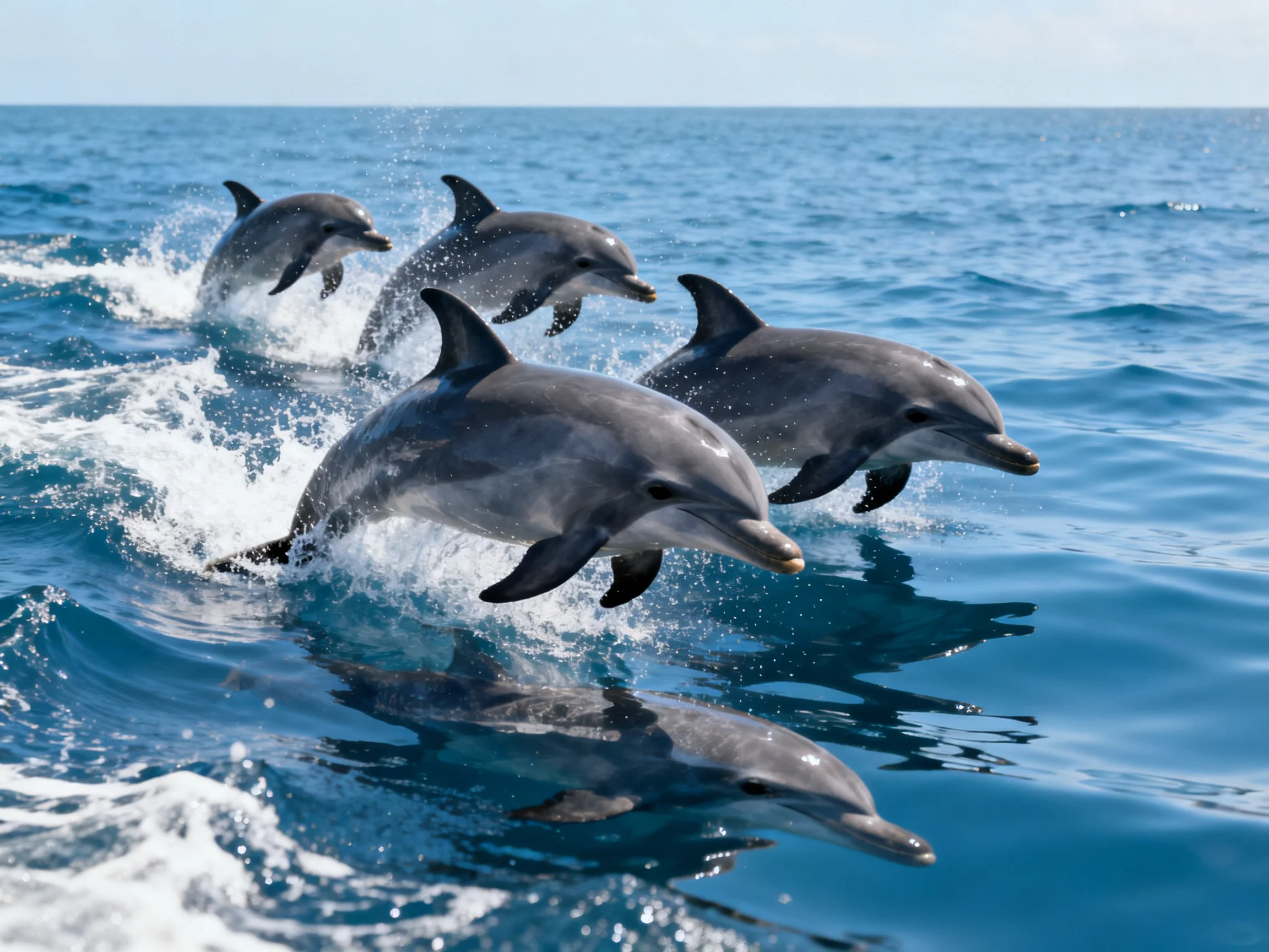 Five gray dolphins leap through bright blue ocean waves
