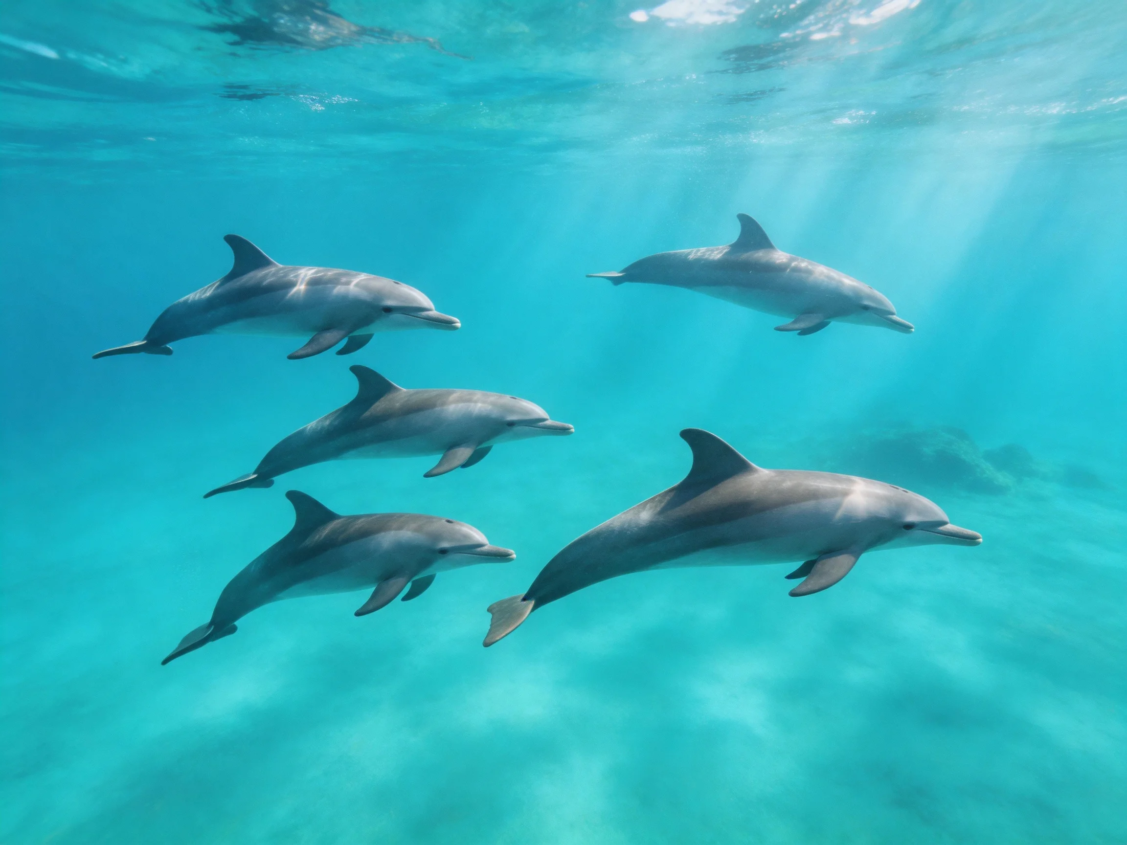 Five gray dolphins swim in clear turquoise ocean waters
