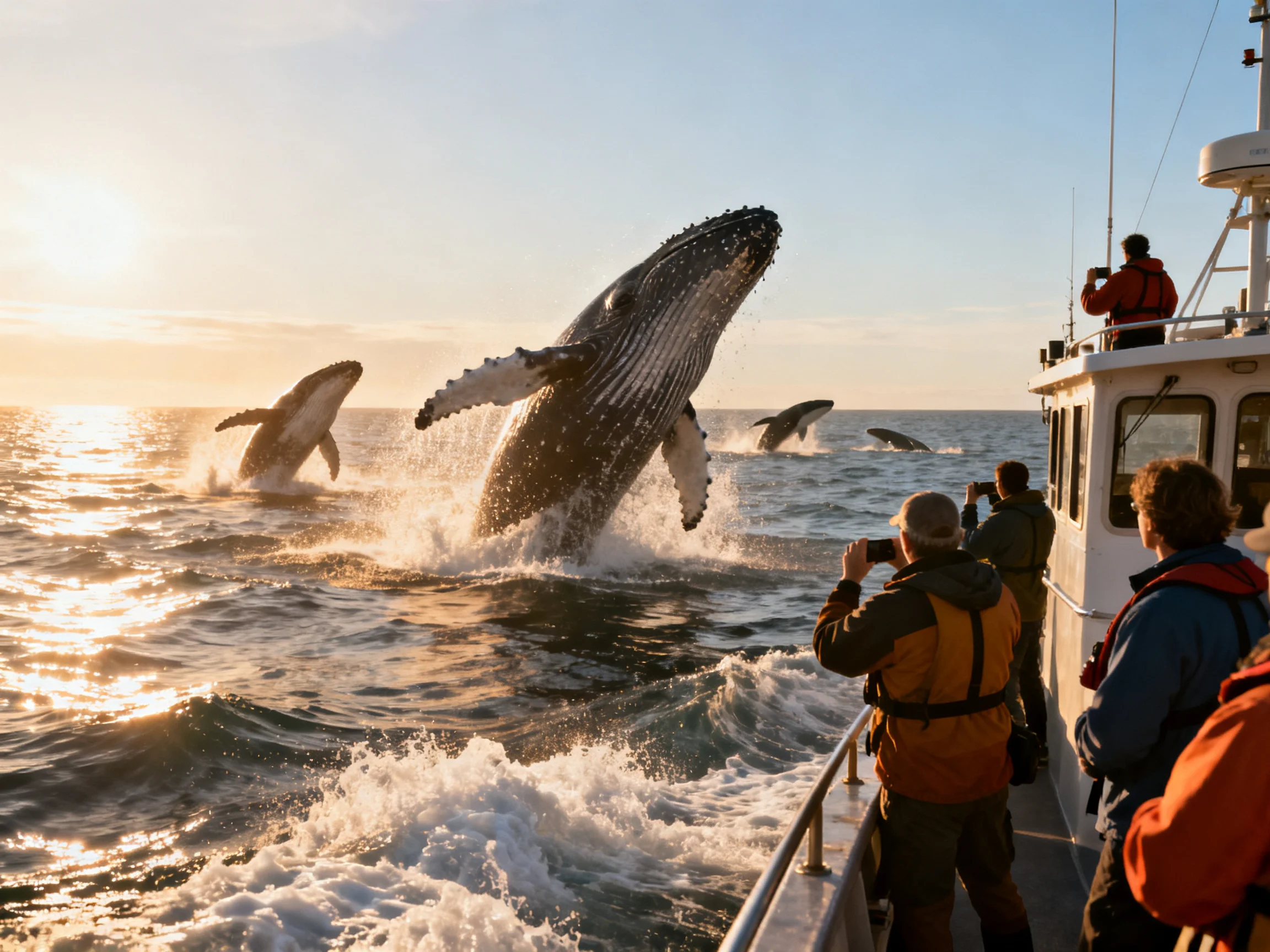 Five humpback whales breach near a tour boat at sunset