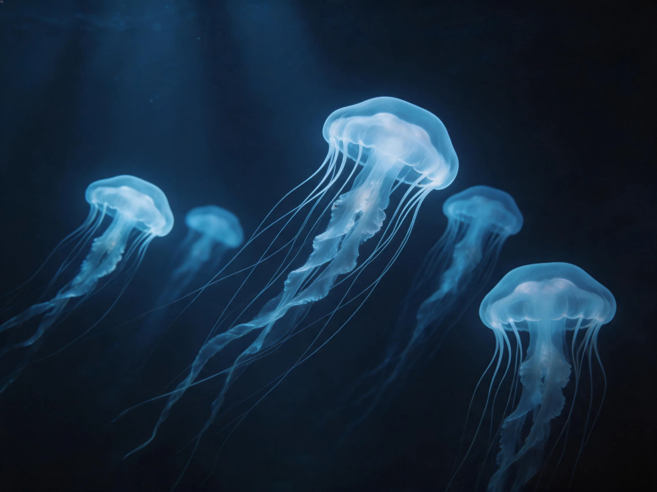 Five luminous blue jellyfish glide through dark ocean waters.