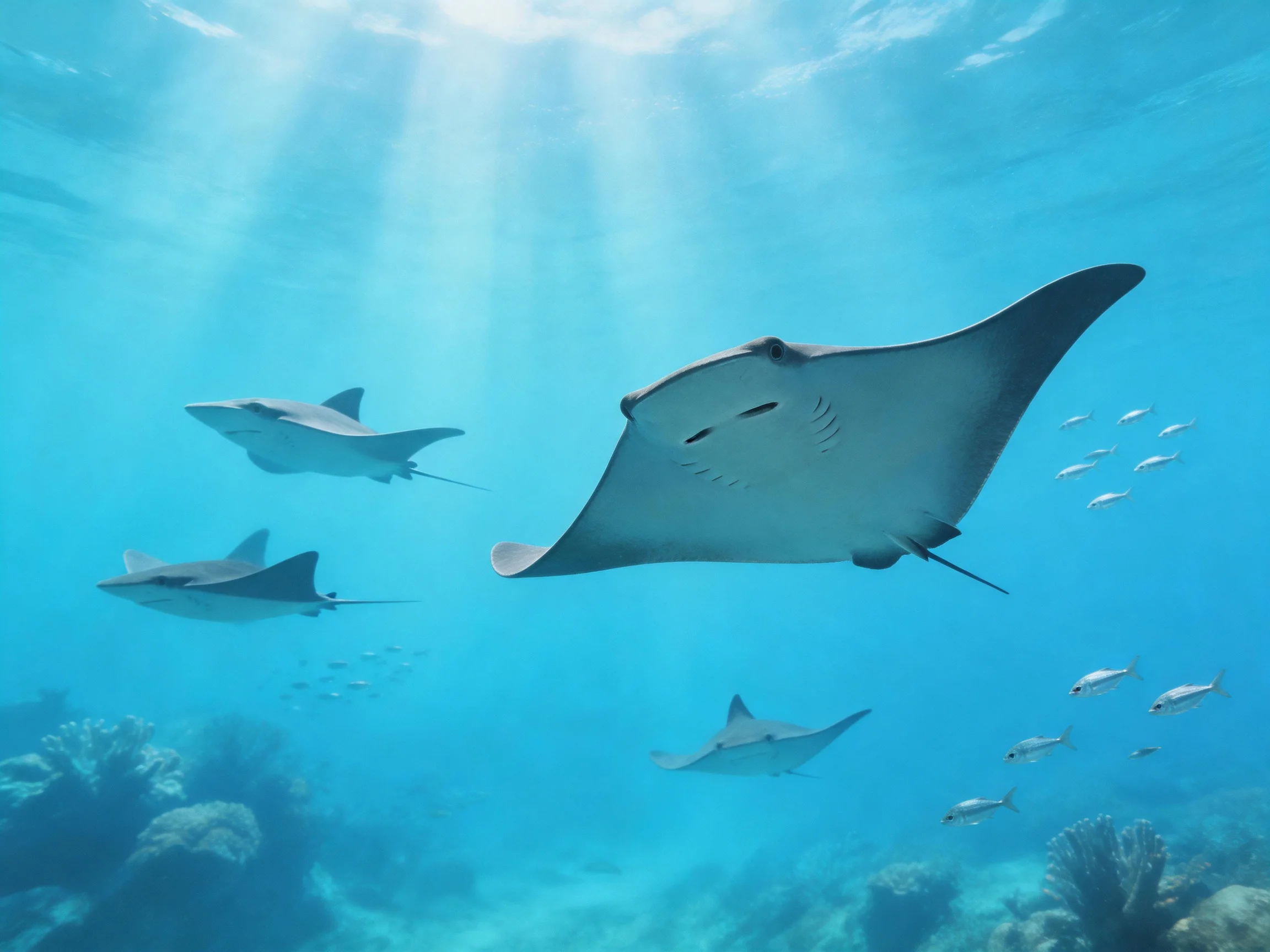 Five manta rays glide through vibrant turquoise ocean waters
