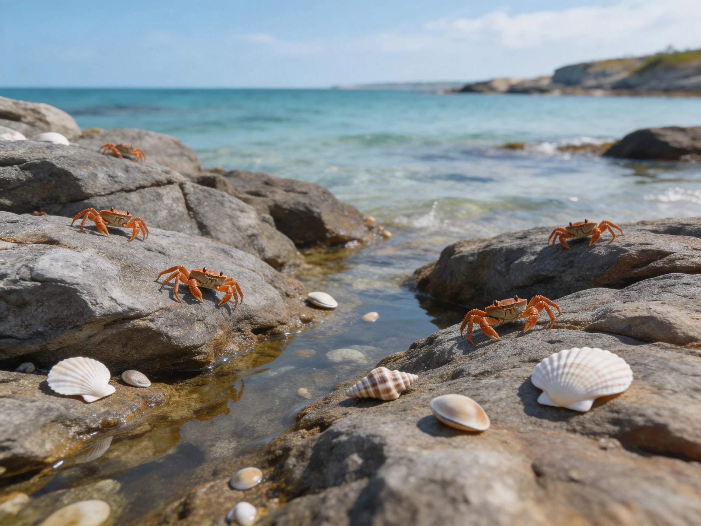 Five orange crabs on rocky shore with seashells and turquoise water