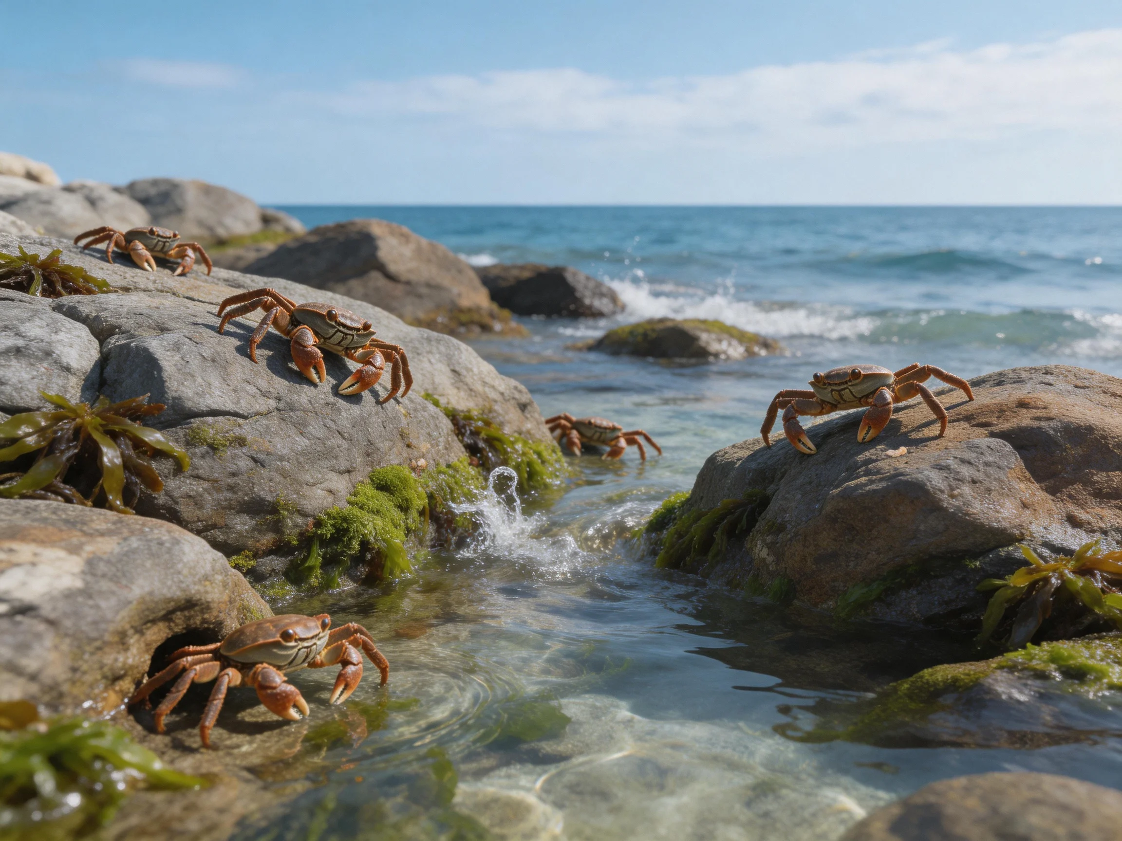 Five reddish-brown crabs explore rocky tide pools by the sea