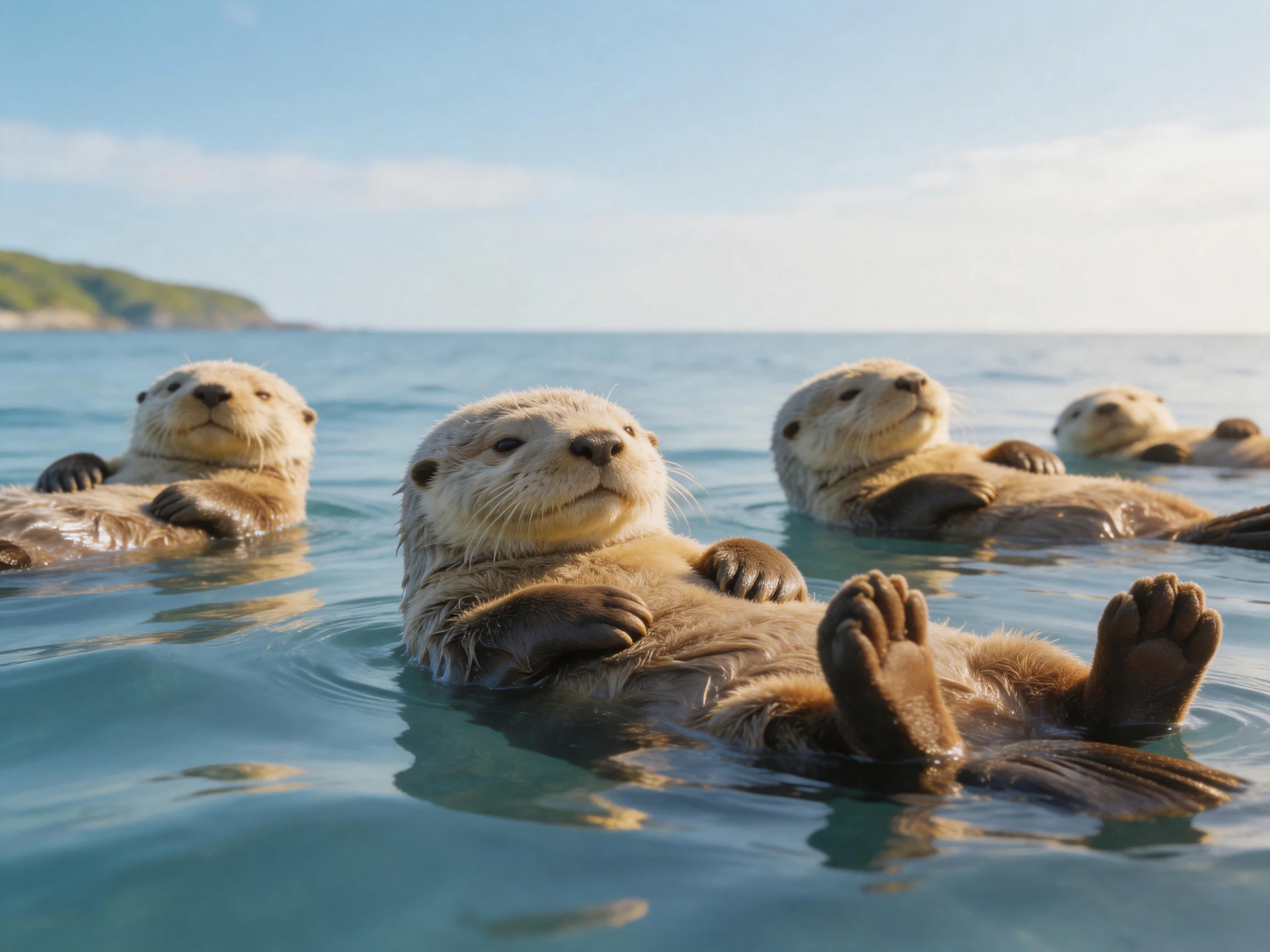 Five sea otters float in calm blue waters near a green coastline
