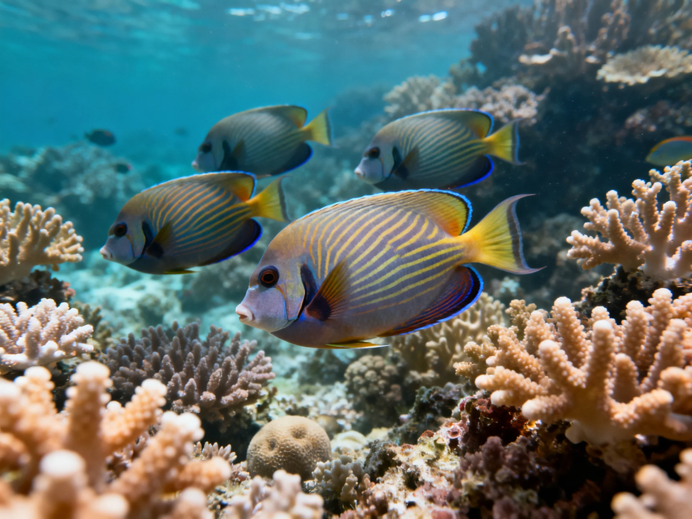 Five striped tropical fish swim among colorful corals in clear water