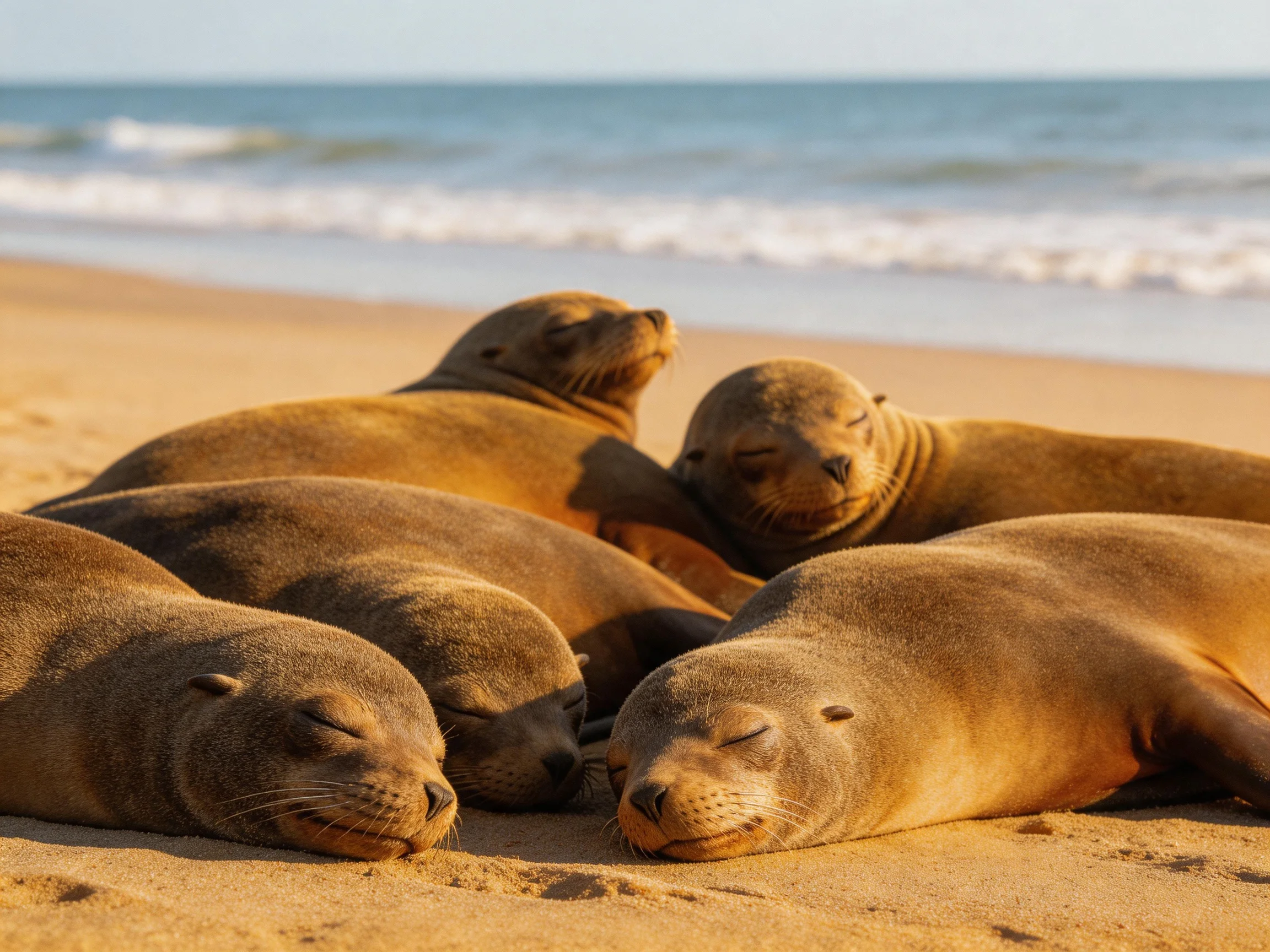 Five tan sea lions rest on a sandy beach by the ocean waves