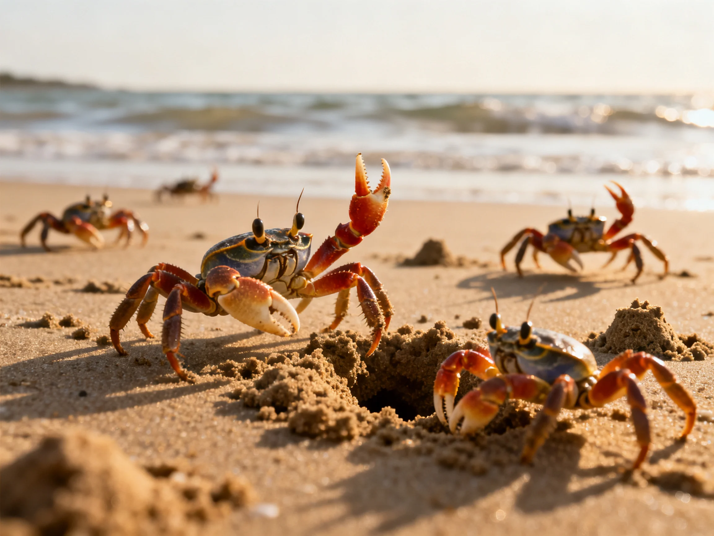 Five vibrant crabs scurrying along a sunlit sandy shore
