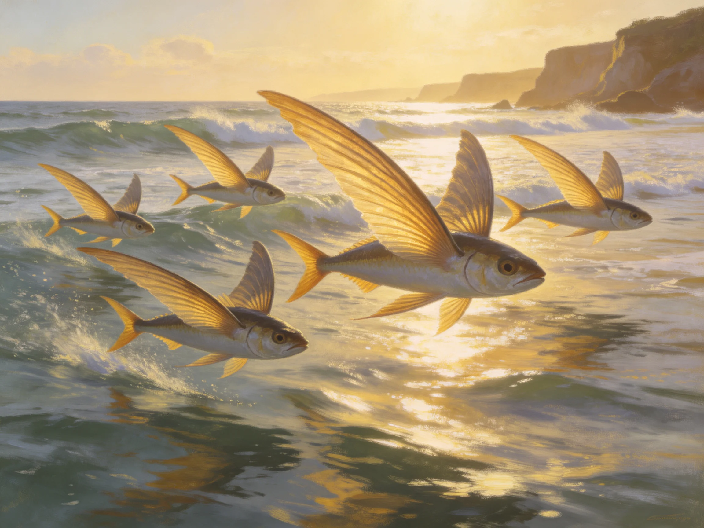 Five winged fish glide over golden ocean waves near cliffs
