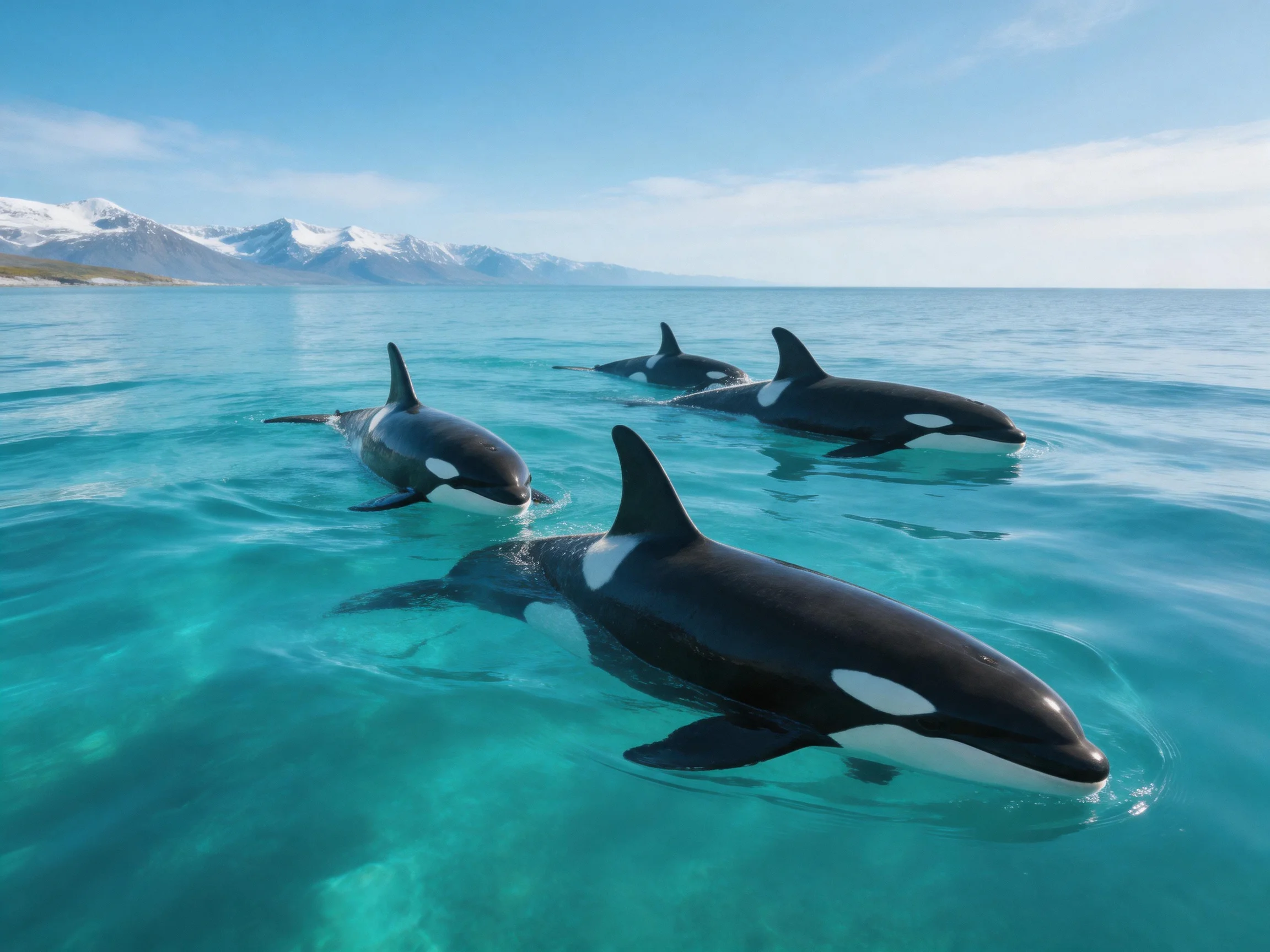 Four black-and-white orcas swim in turquoise waters near snow-capped mountains