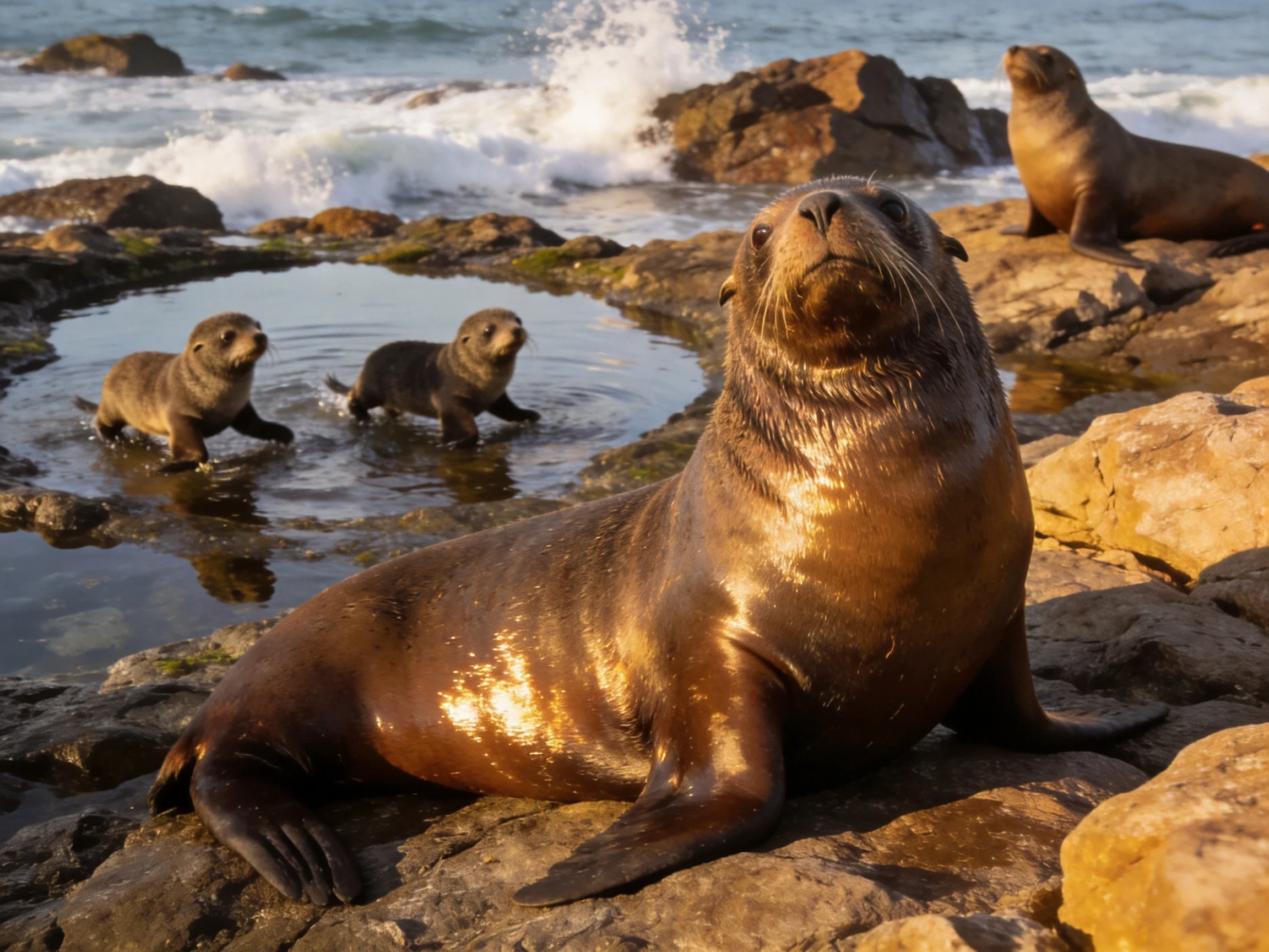 Four brown sea lions rest on a rocky coastal shore near the ocean