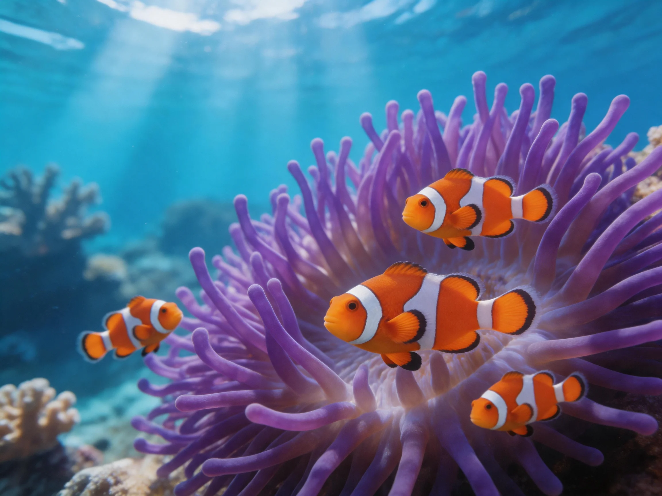 Four clownfish swim near a large purple sea anemone
