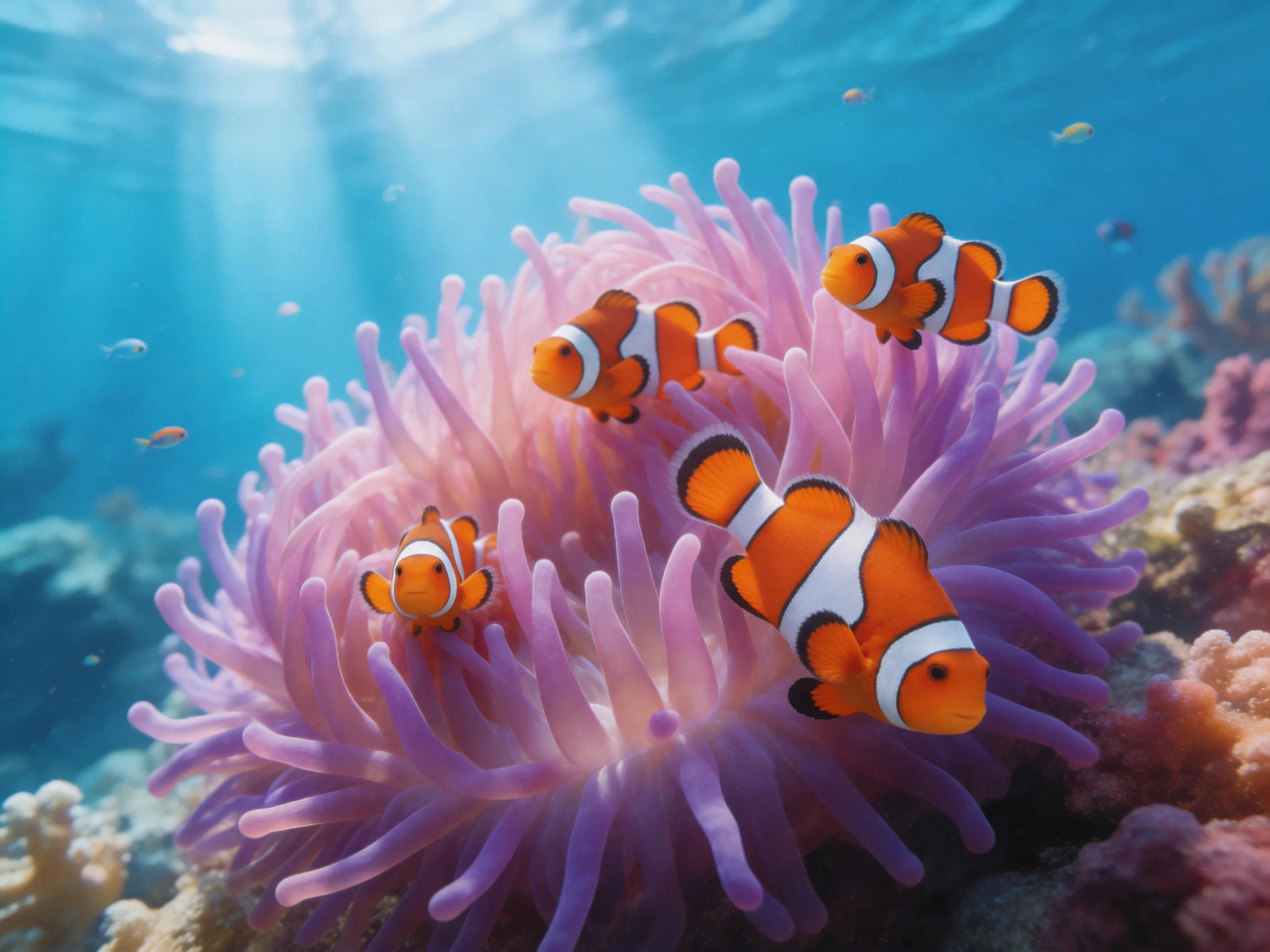 Four clownfish swim near a vibrant purple sea anemone