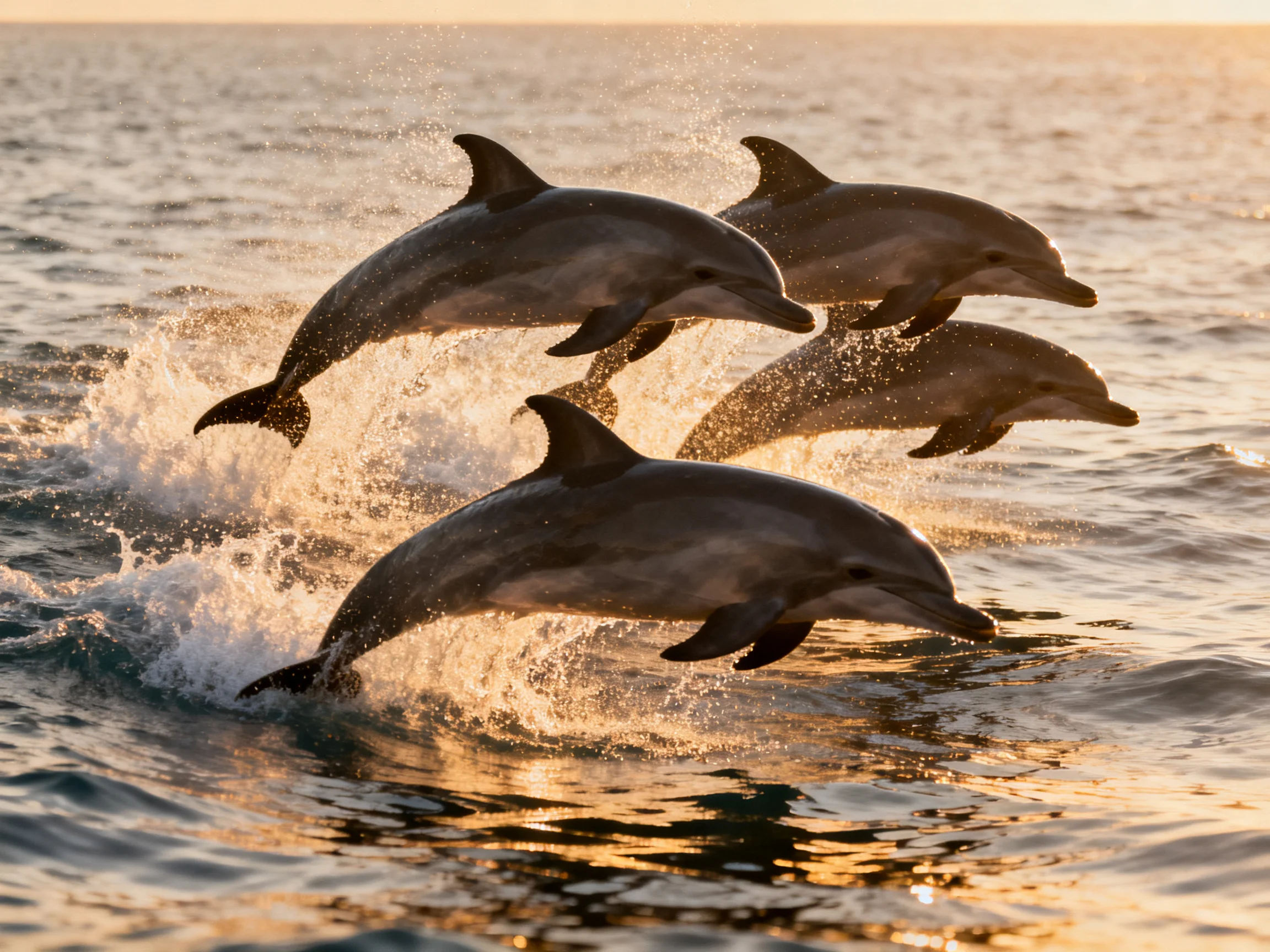 Four dolphins leap from ocean waves at golden hour