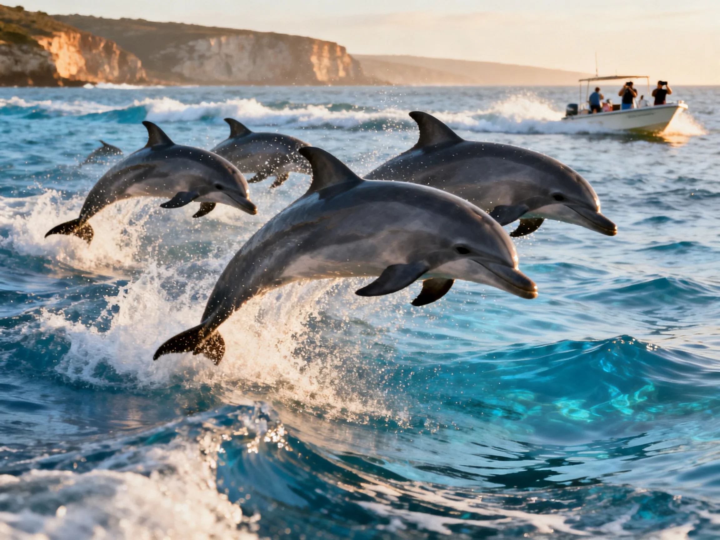 Four dolphins leap from turquoise waves near a white boat