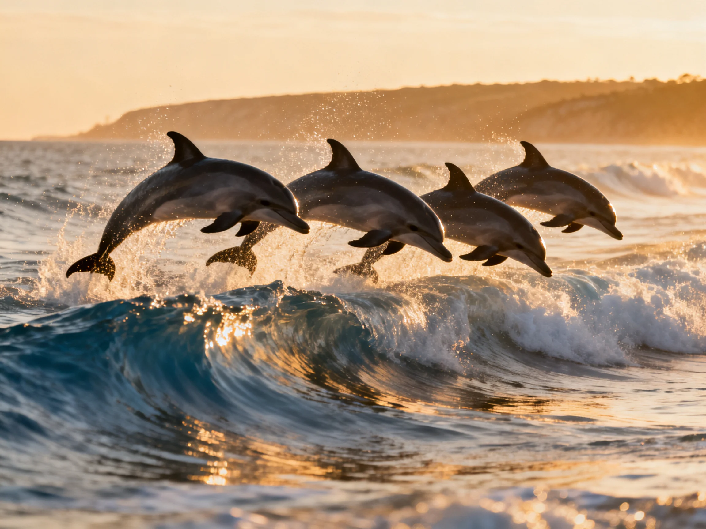 Four dolphins leap over turquoise waves at golden sunset