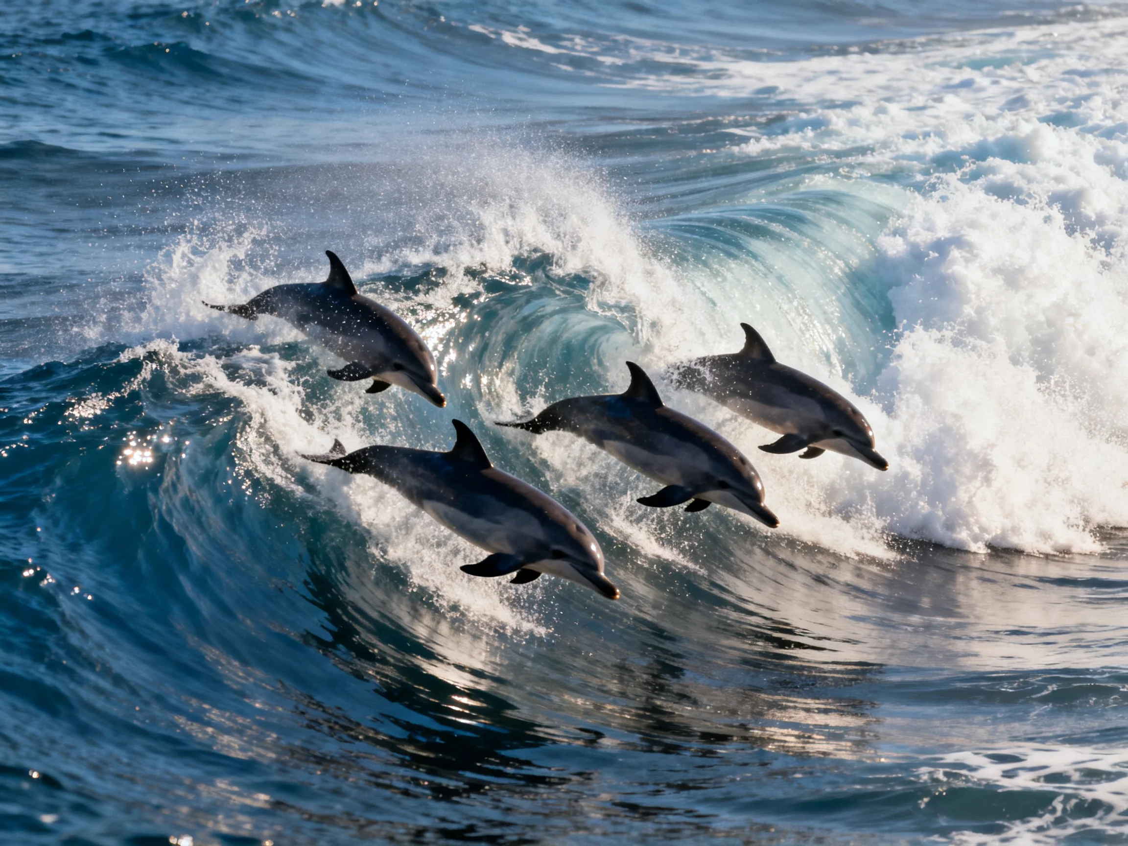 Four dolphins leap over turquoise waves with white crests