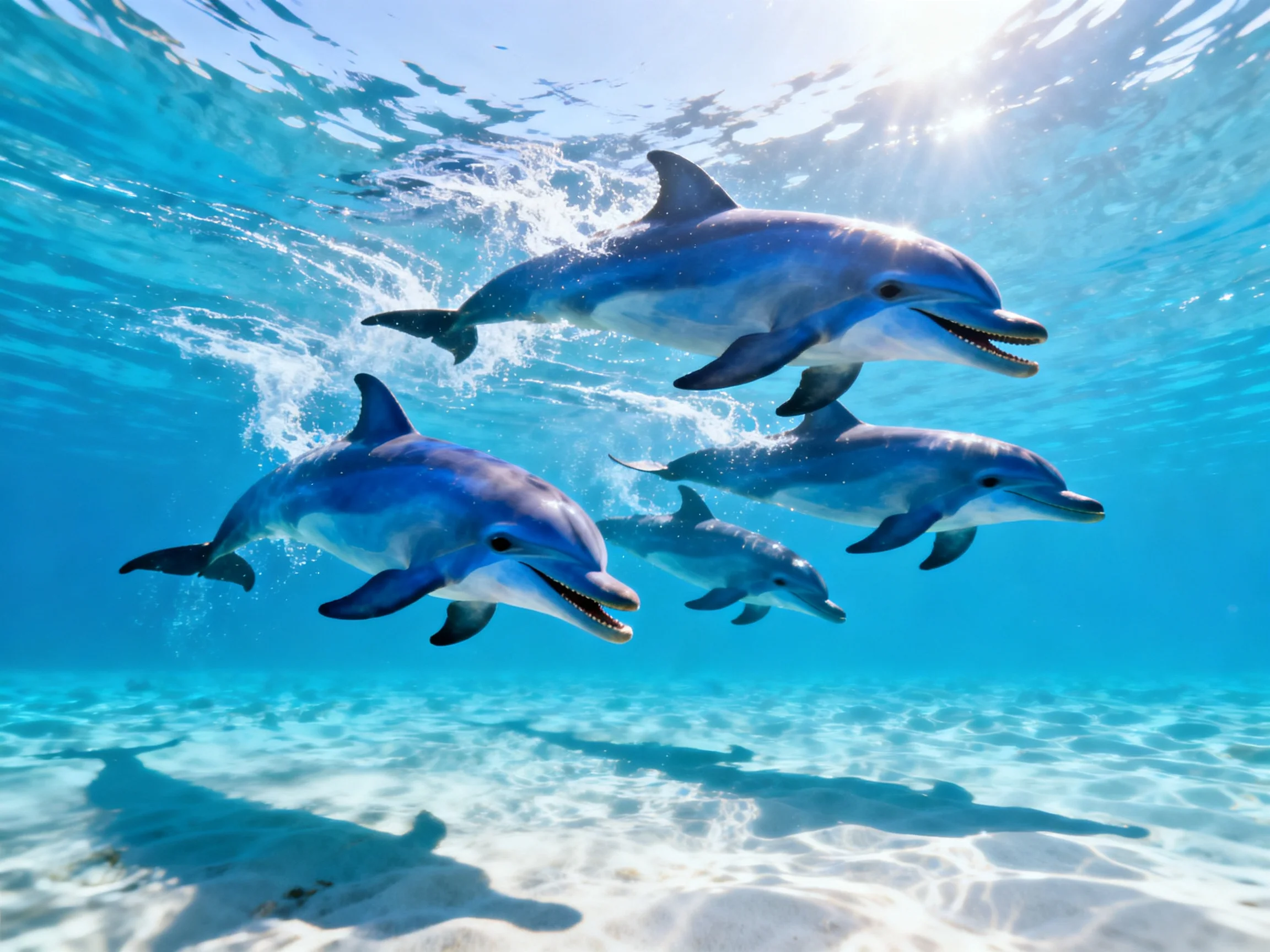 Four dolphins swim gracefully in clear turquoise waters near sandy seabed