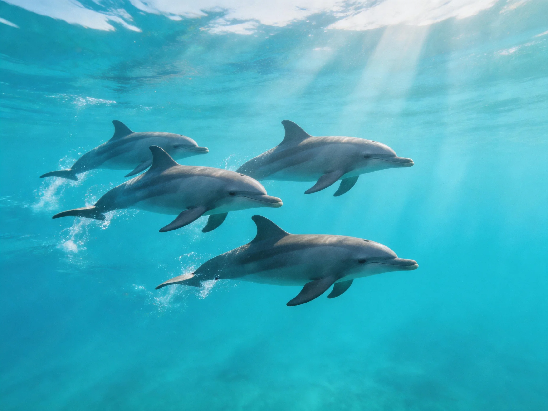 Four dolphins swim in bright turquoise waters with sunlight streaming down