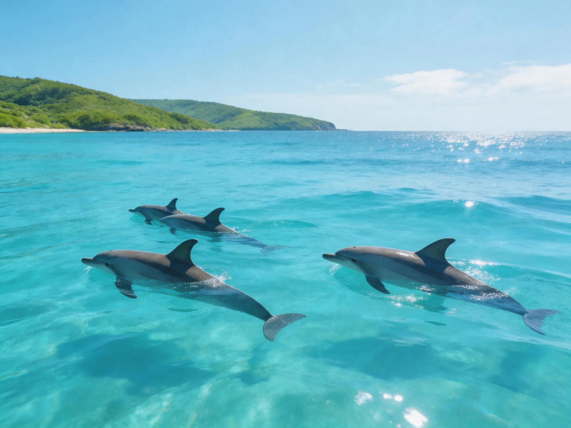 Four dolphins swim in clear turquoise waters near a lush green coastline