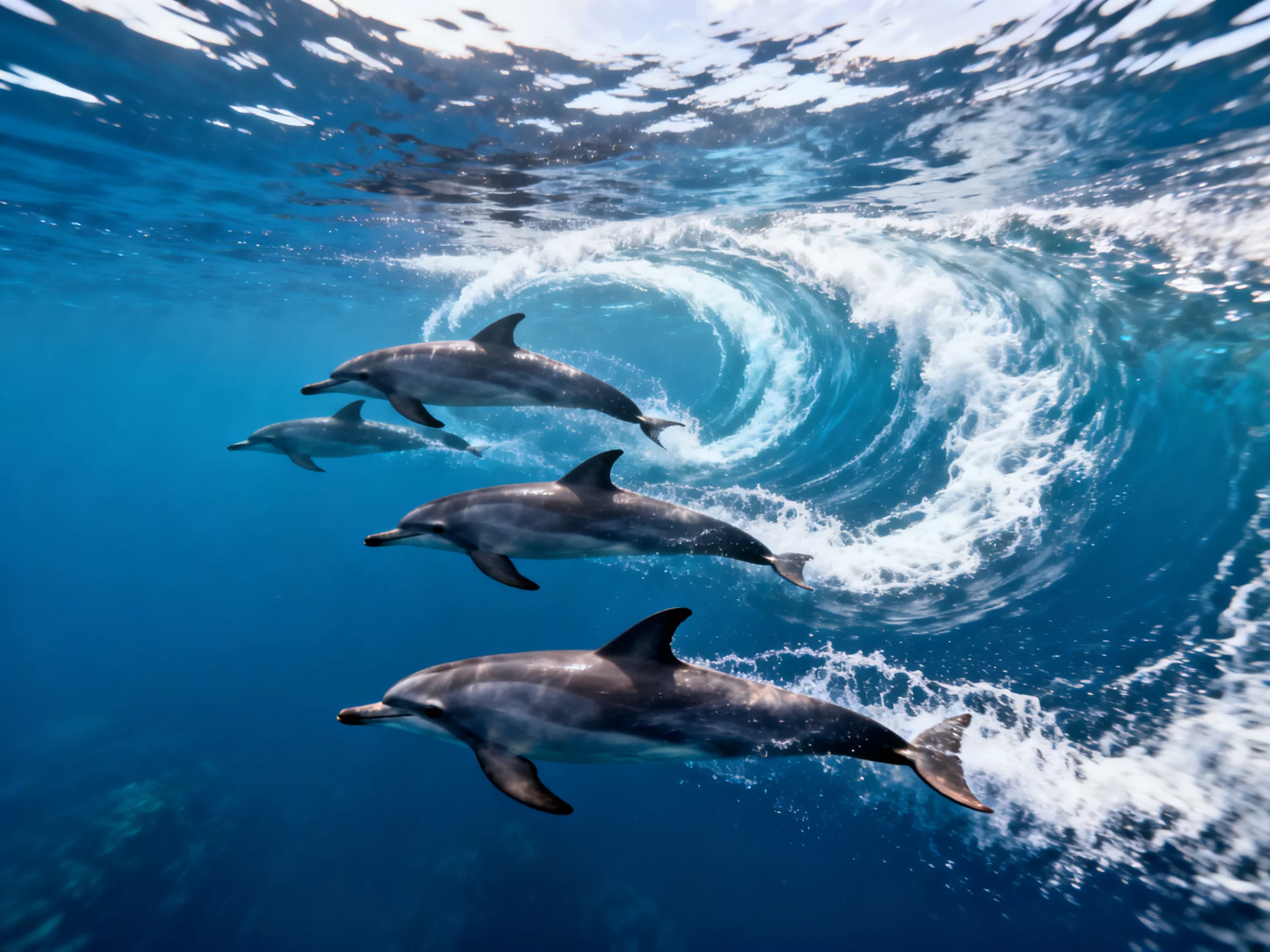 Four dolphins swim near a swirling blue ocean wave