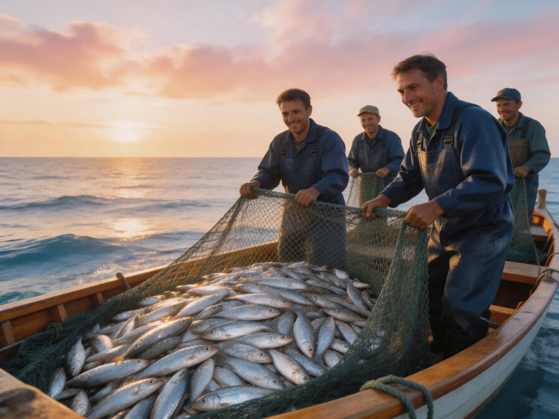 Four fishermen haul a large fishing net filled with silver fish at sunset