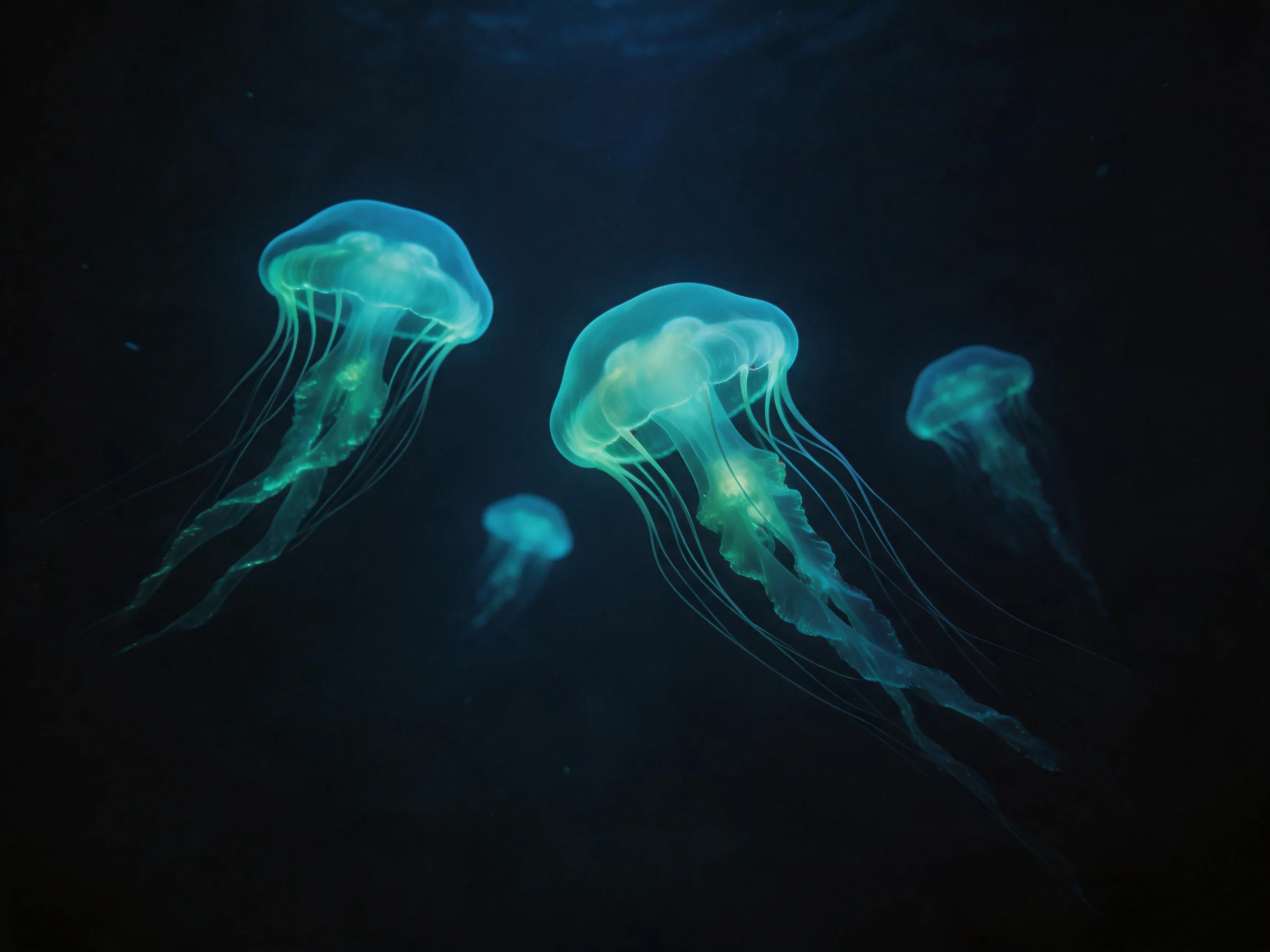 Four glowing blue jellyfish float in deep, dark water